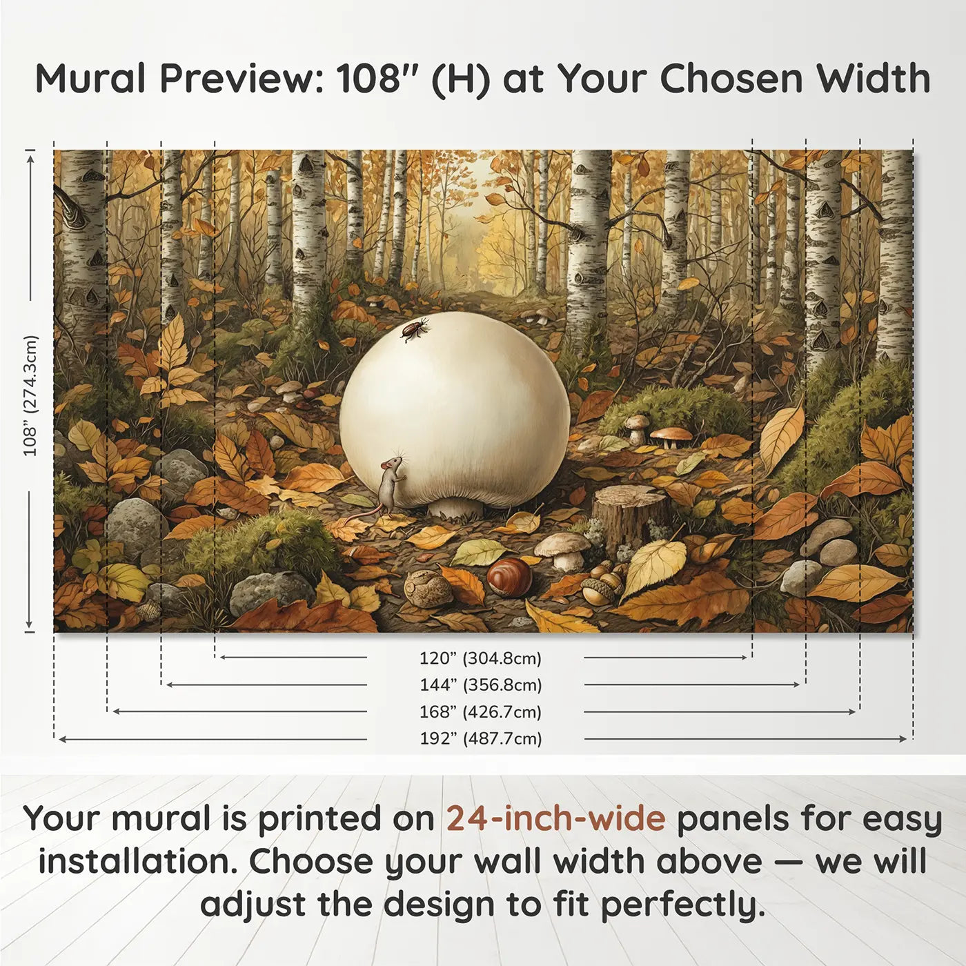 Panel layout and dimensions for Giant Puffball Autumn Clearing Wallpaper Mural by Whimsy Tots