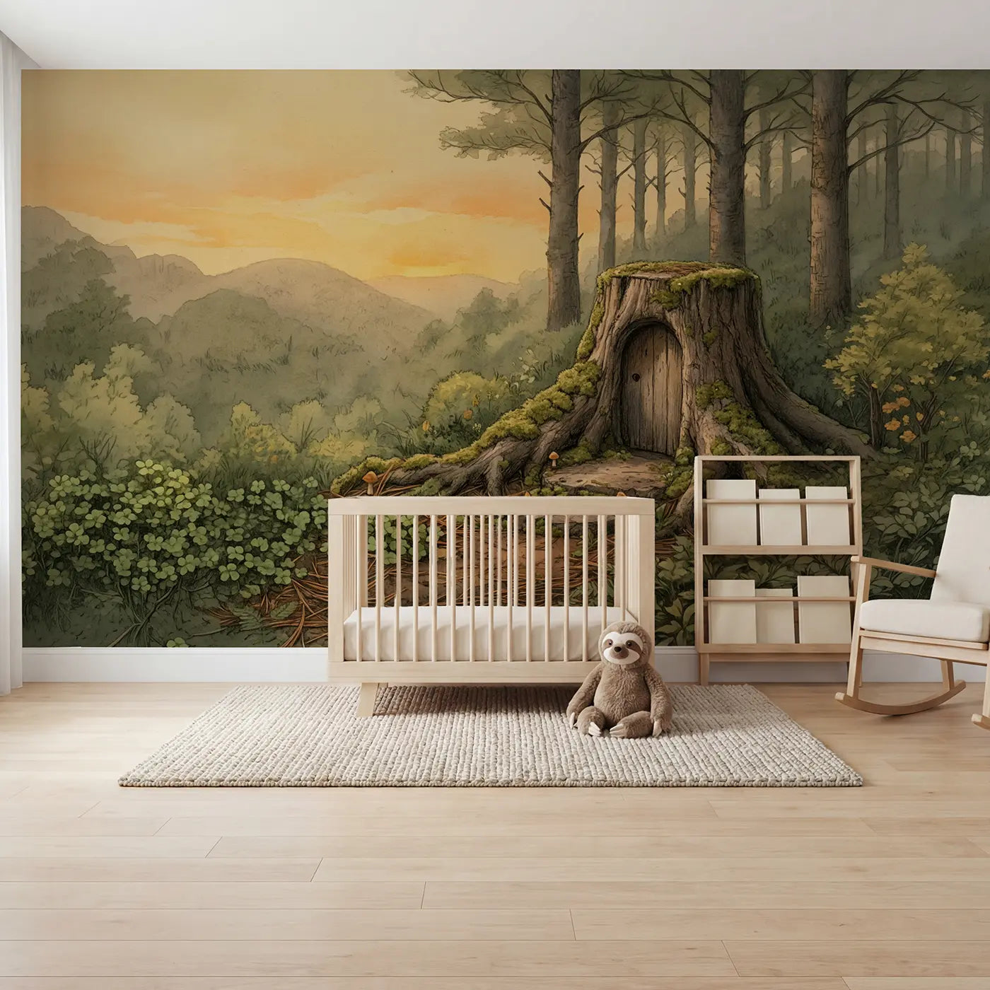 storybook mossy tree stump fairy wallpaper mural for nursery by Whimsy Tots