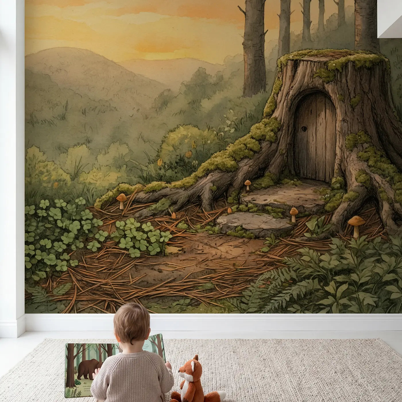 Child in nursery with Mossy Tree Stump Fairy Wallpaper Mural by Whimsy Tots