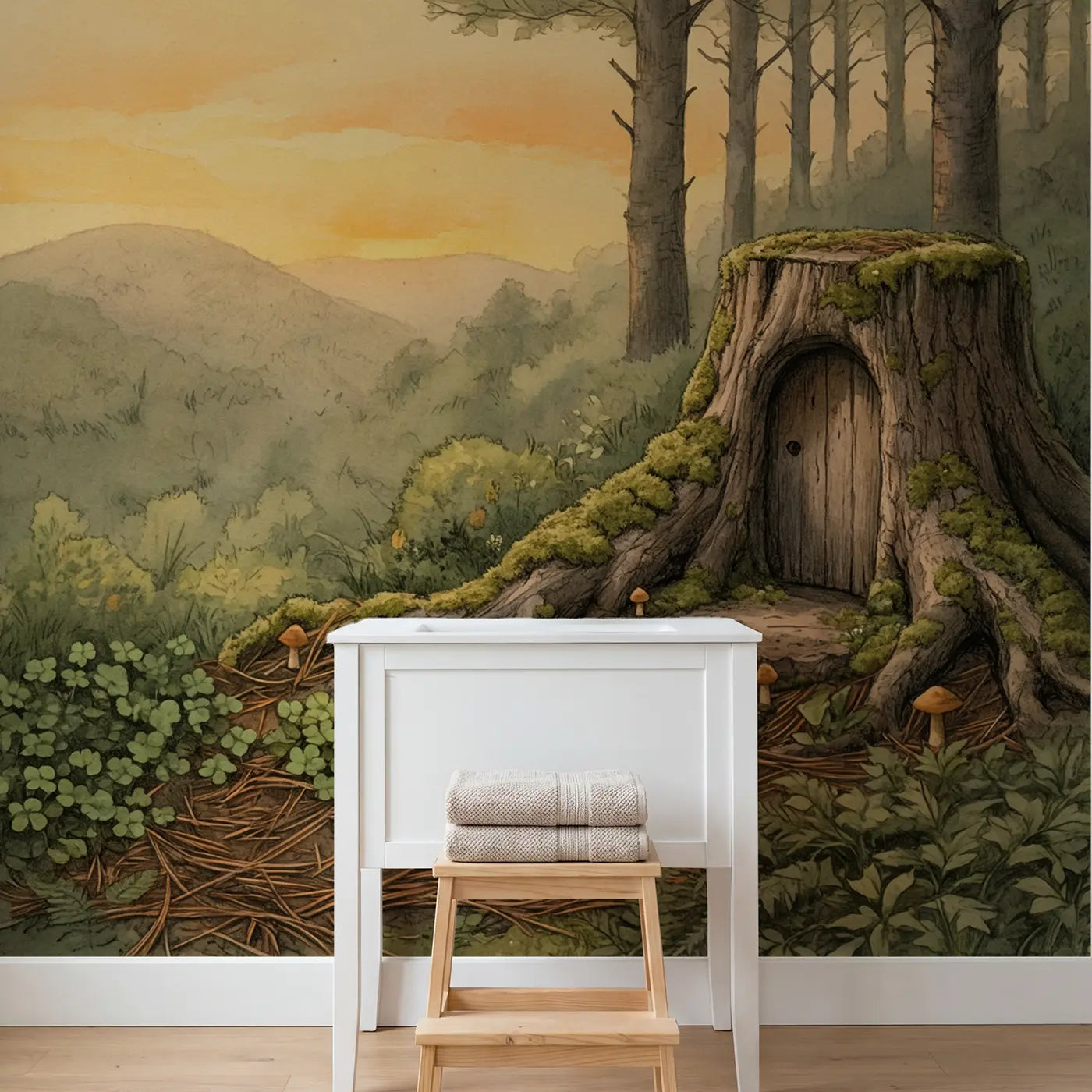 Mossy Tree Stump Fairy Wallpaper Mural in playroom setting by Whimsy Tots