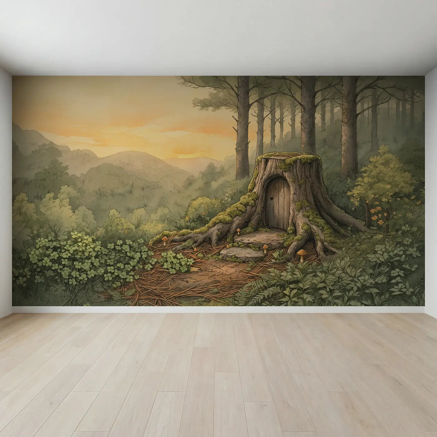 Full view of Mossy Tree Stump Fairy Wallpaper Mural by Whimsy Tots