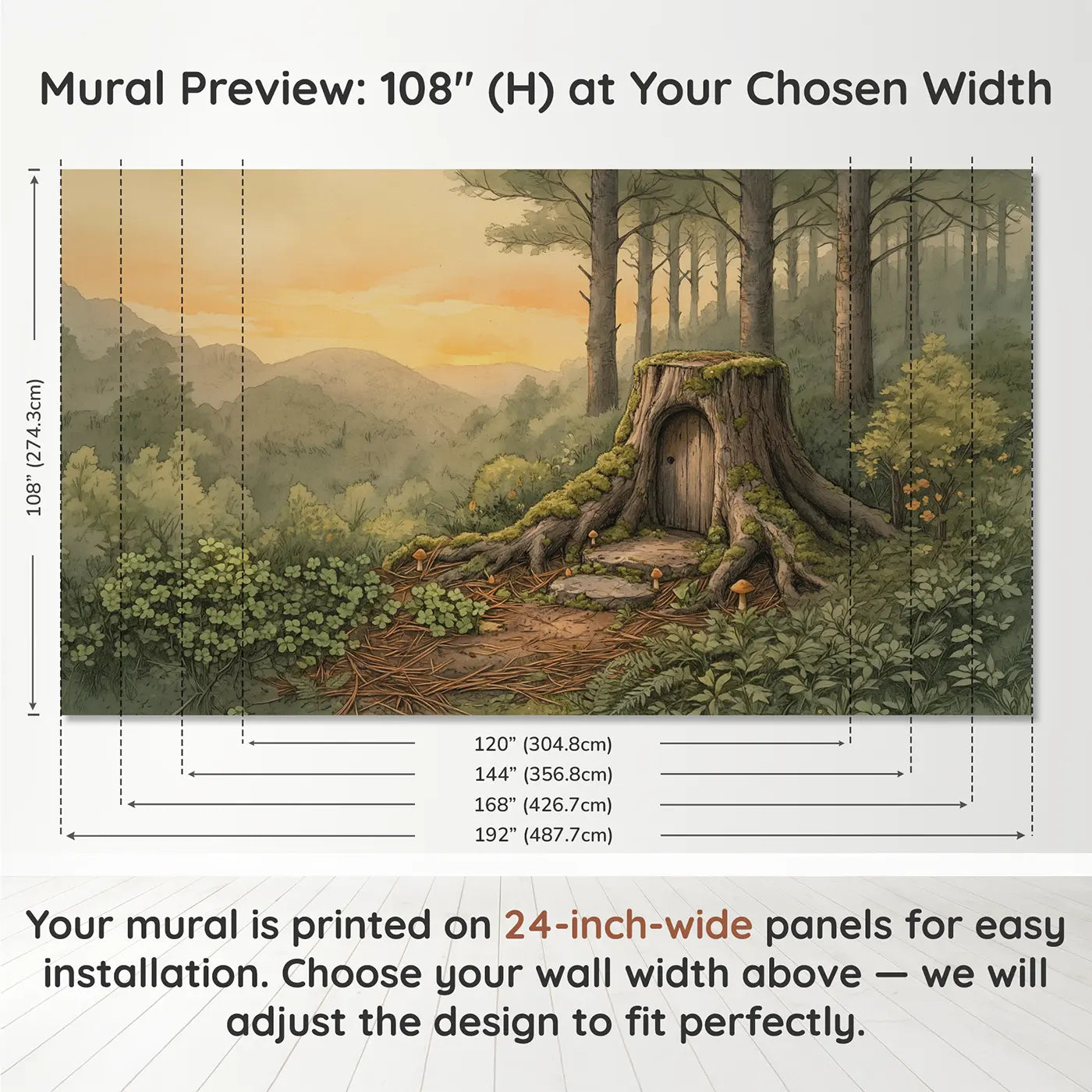Panel layout and dimensions for Mossy Tree Stump Fairy Wallpaper Mural by Whimsy Tots