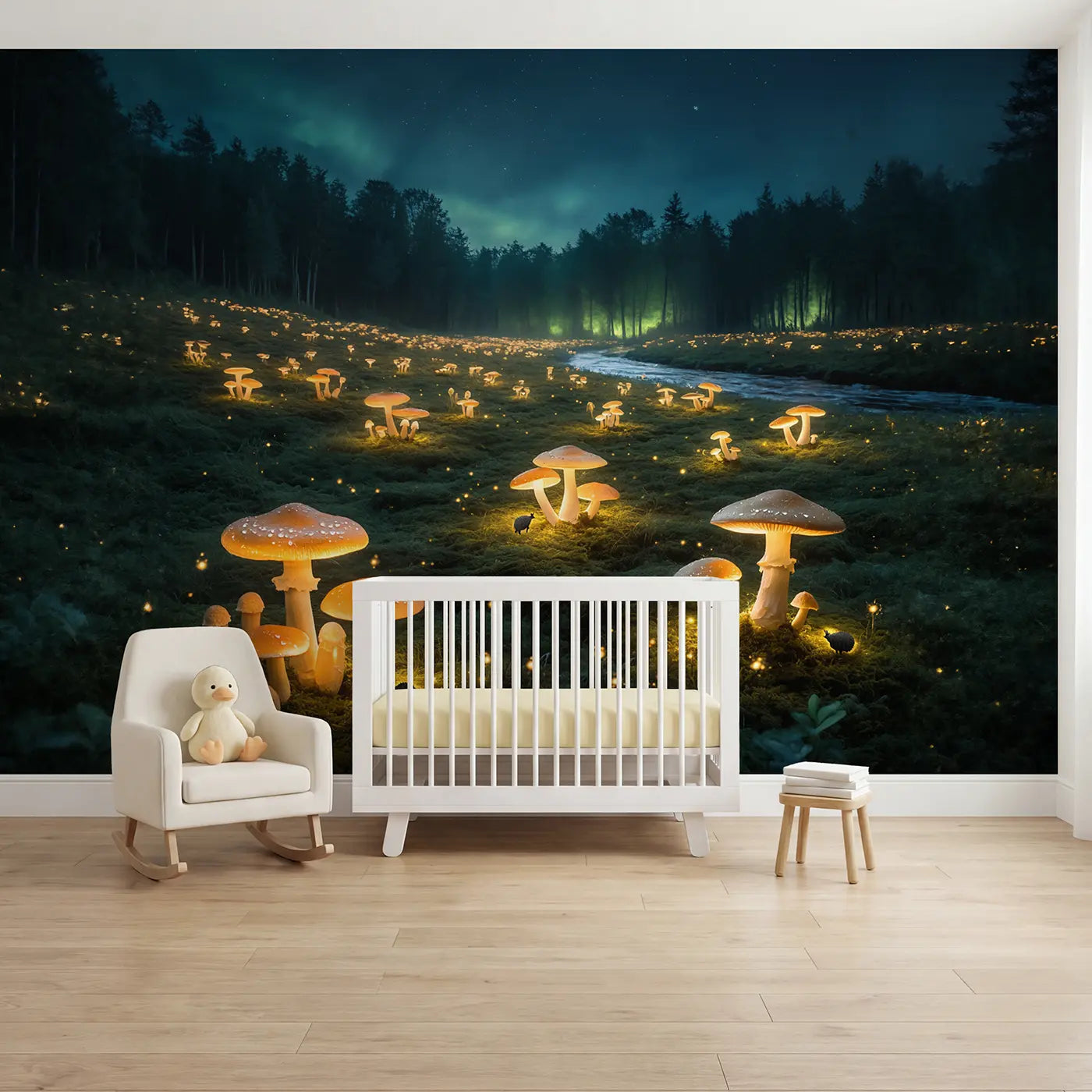 Soft pastel mushroom and toadstool wallpaper mural for kids room by Whimsy Tots