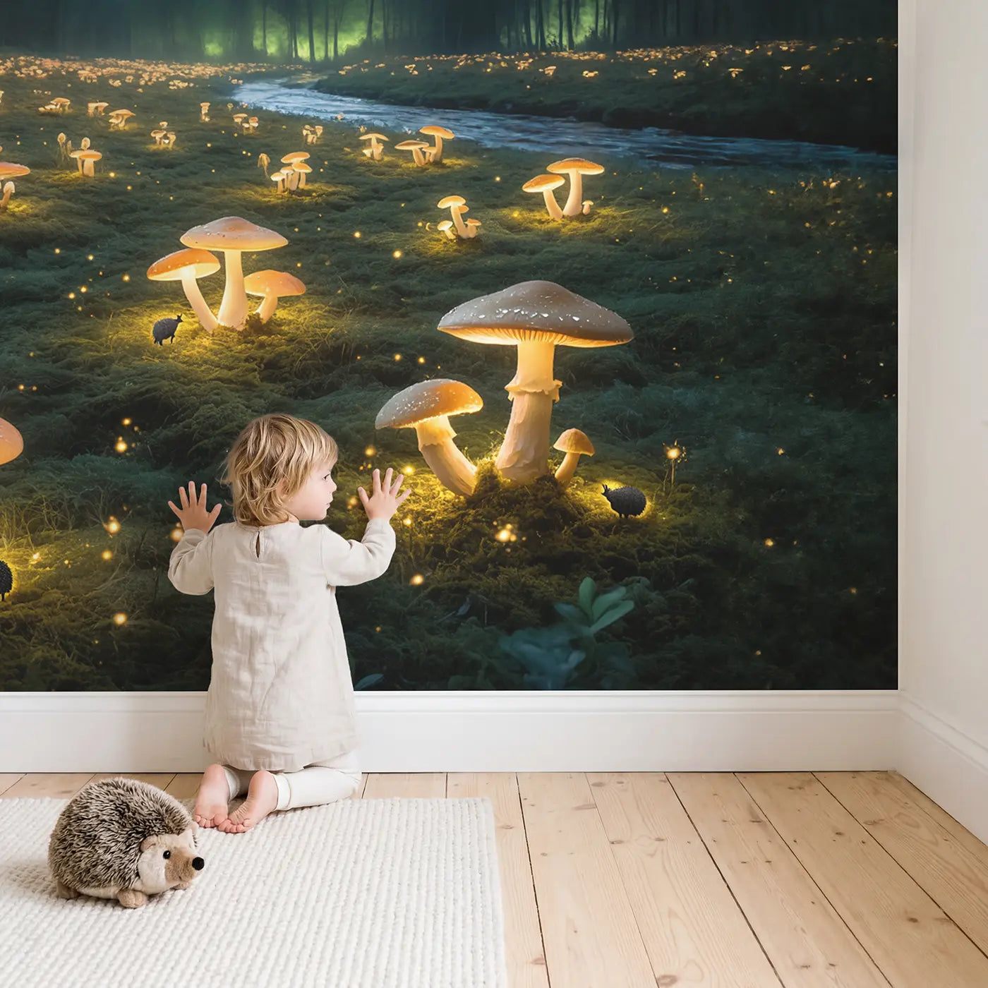 Child in nursery with Glowing Mushroom Night Grove Wallpaper Mural by Whimsy Tots