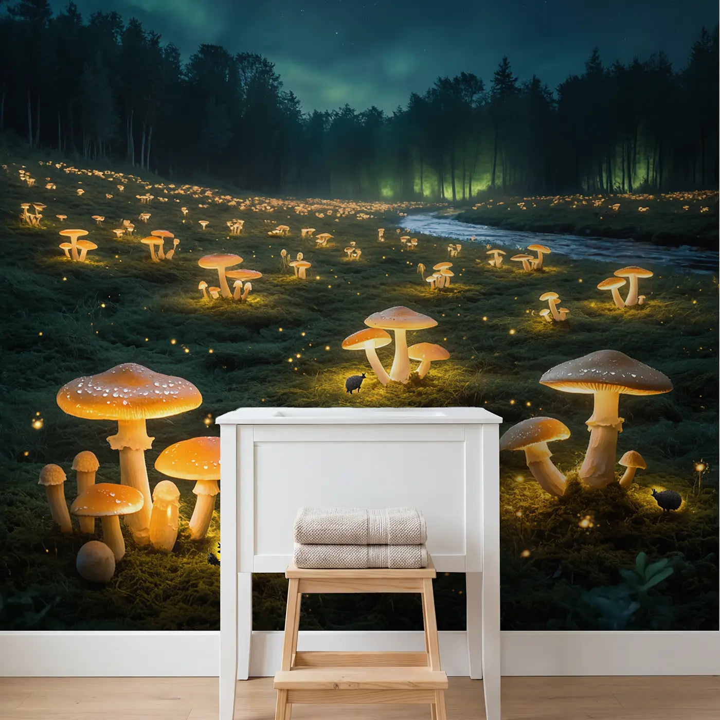 Glowing Mushroom Night Grove Wallpaper Mural in playroom setting by Whimsy Tots