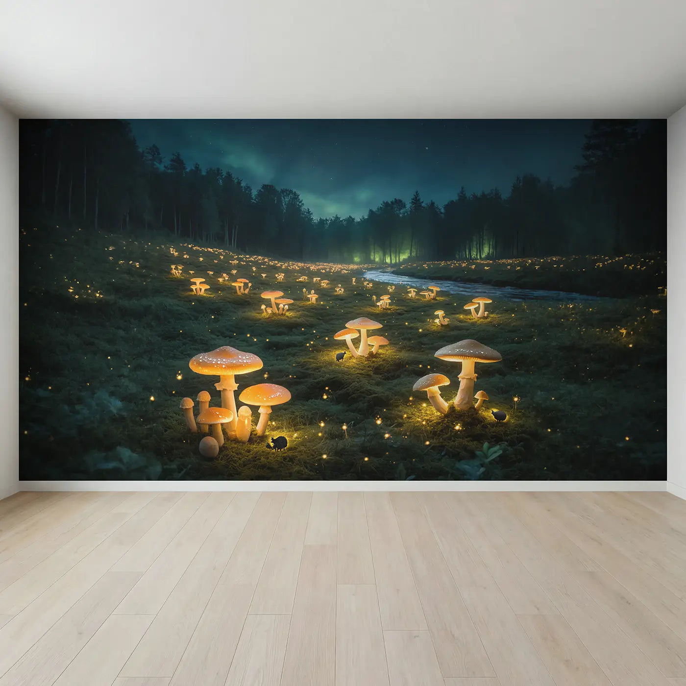 Full view of Glowing Mushroom Night Grove Wallpaper Mural by Whimsy Tots