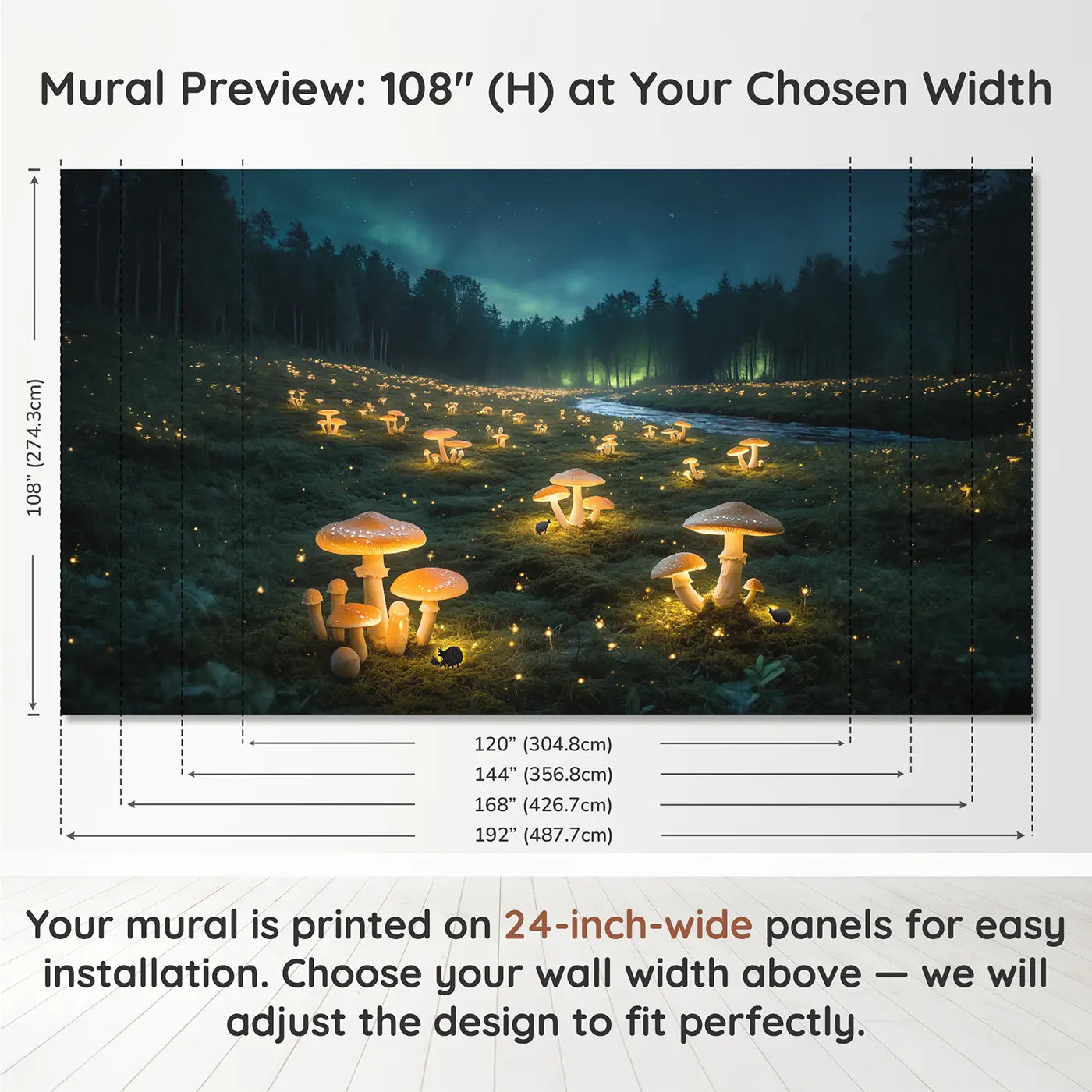 Panel layout and dimensions for Glowing Mushroom Night Grove Wallpaper Mural by Whimsy Tots