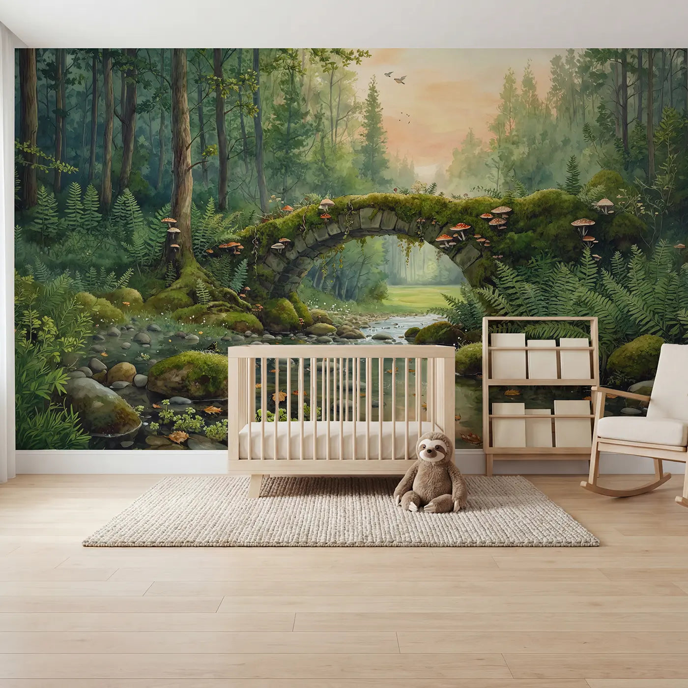 watercolor mushroom bridge forest brook wallpaper mural for nursery by Whimsy Tots