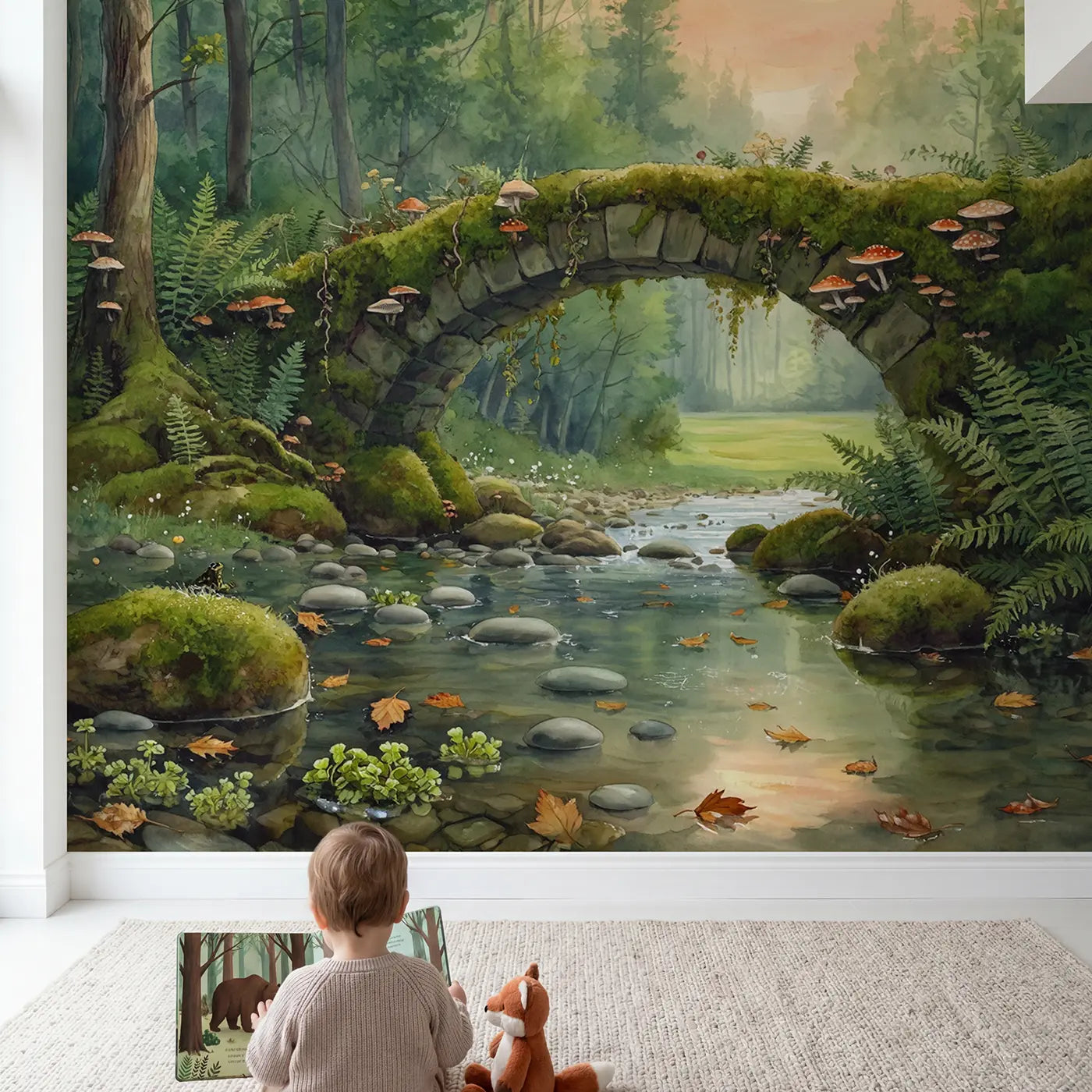 Child in nursery with Mushroom Bridge Forest Brook Wallpaper Mural by Whimsy Tots