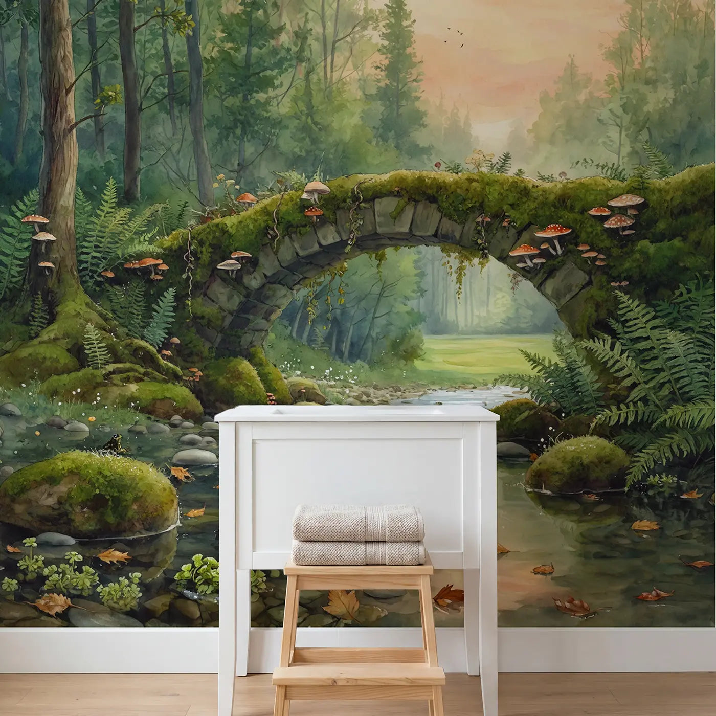 Mushroom Bridge Forest Brook Wallpaper Mural in playroom setting by Whimsy Tots