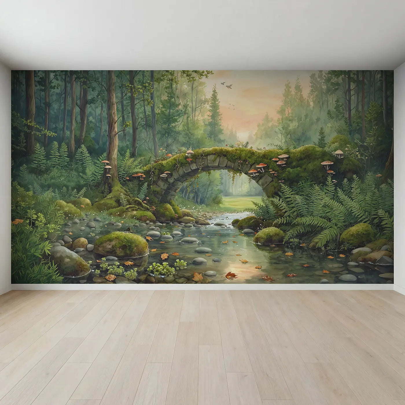 Full view of Mushroom Bridge Forest Brook Wallpaper Mural by Whimsy Tots