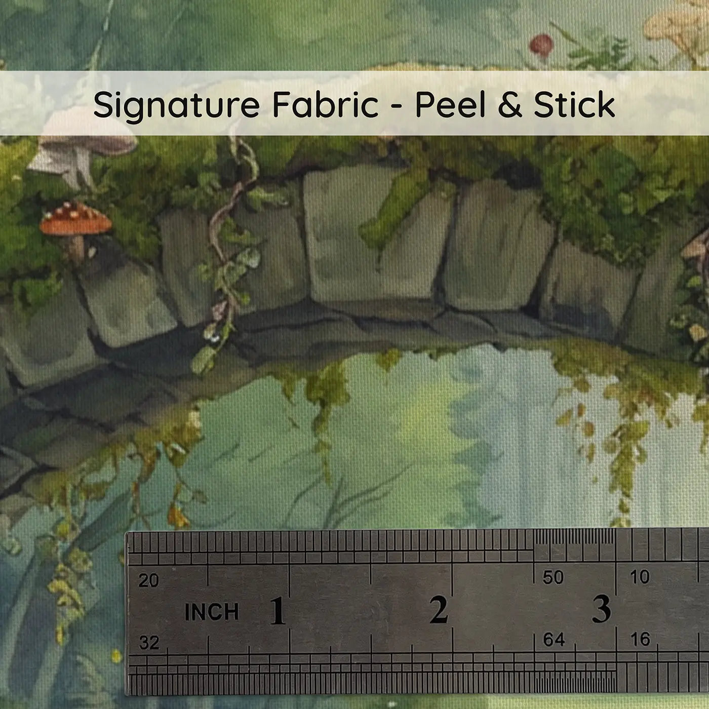 Fabric texture close-up of Mushroom Bridge Forest Brook Wallpaper Mural by Whimsy Tots