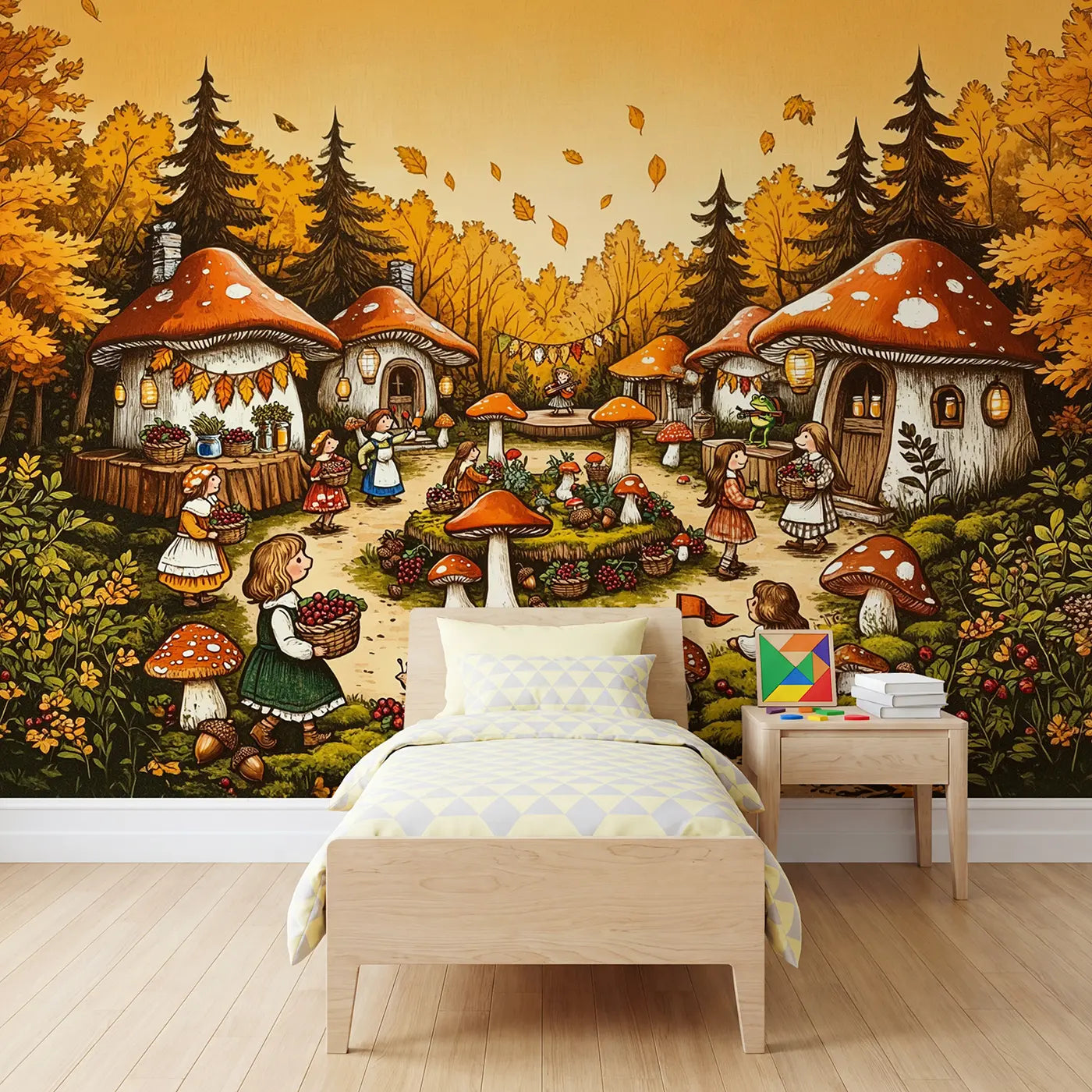block print mushroom village harvest festival wallpaper mural for kids room by Whimsy Tots