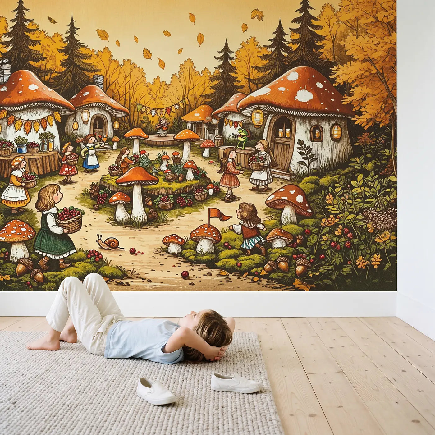 Child in nursery with Mushroom Village Harvest Festival Wallpaper Mural by Whimsy Tots