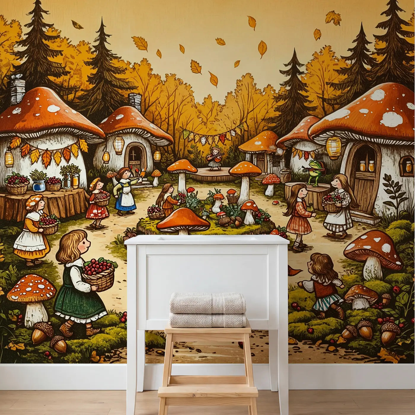 Mushroom Village Harvest Festival Wallpaper Mural in playroom setting by Whimsy Tots
