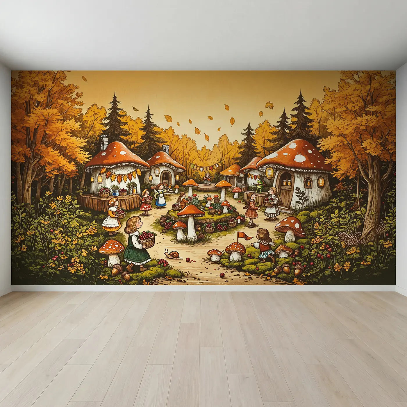 Full view of Mushroom Village Harvest Festival Wallpaper Mural by Whimsy Tots