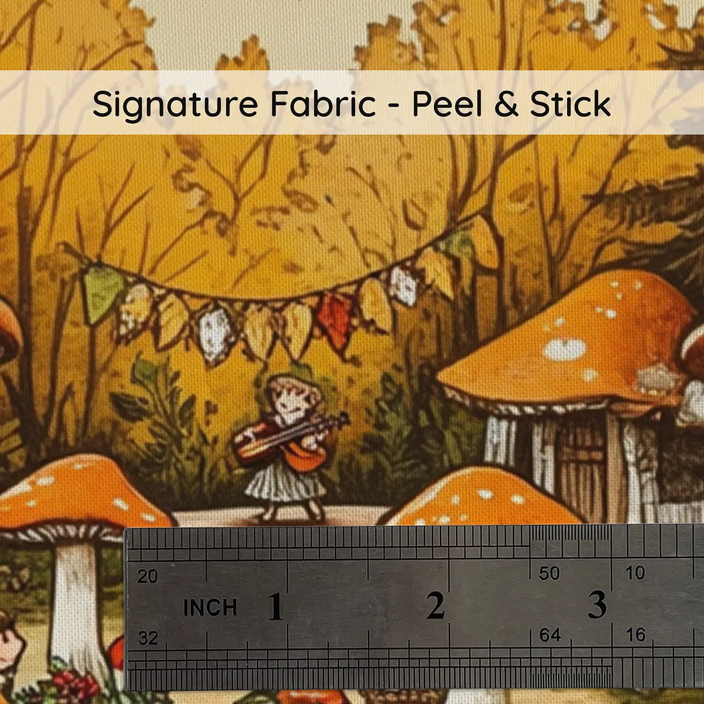 Fabric texture close-up of Mushroom Village Harvest Festival Wallpaper Mural by Whimsy Tots