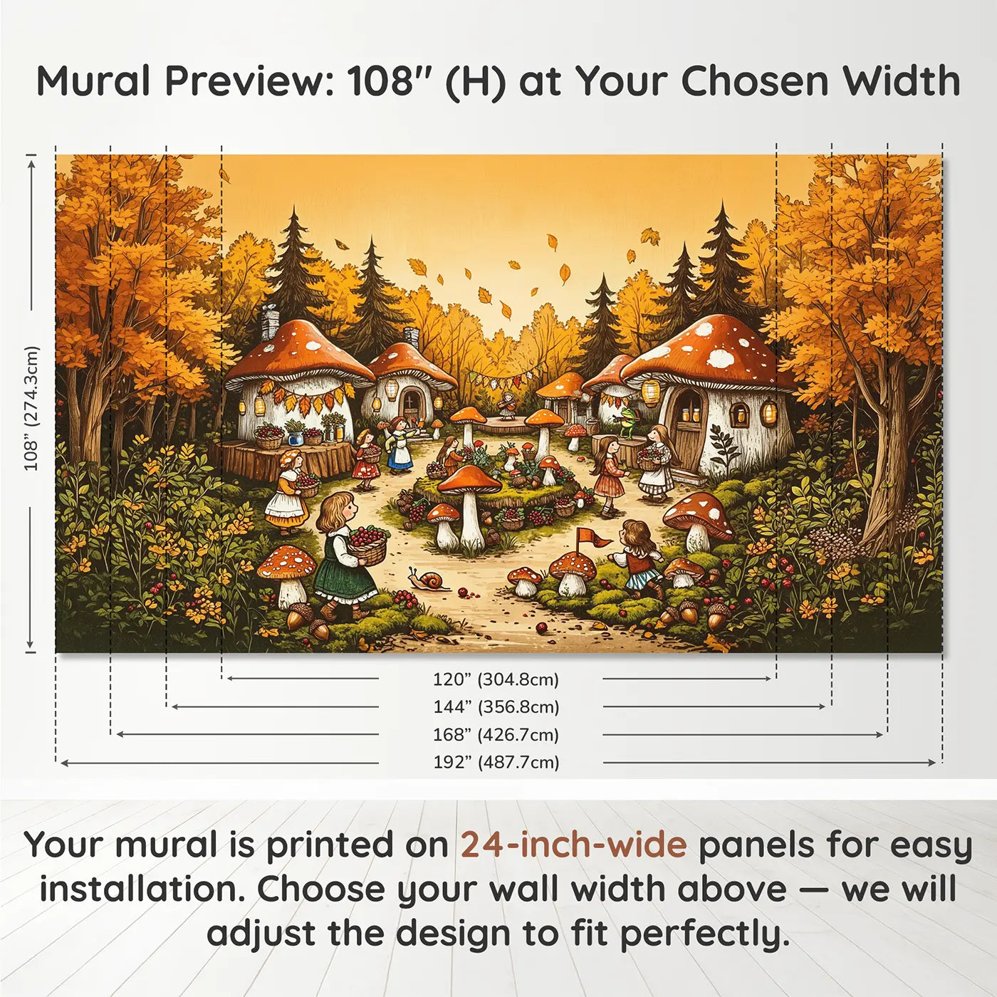 Panel layout and dimensions for Mushroom Village Harvest Festival Wallpaper Mural by Whimsy Tots