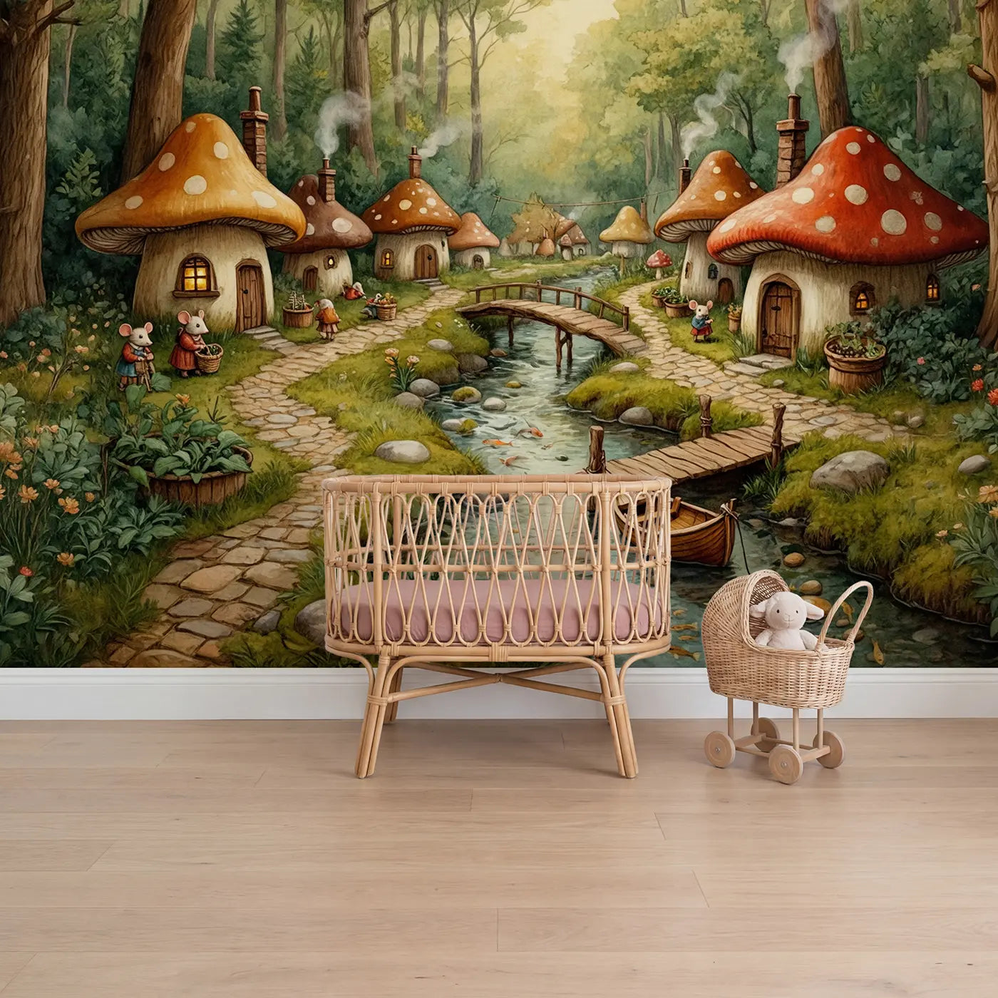 Storybook mushroom village stream wallpaper mural for girls room by Whimsy Tots