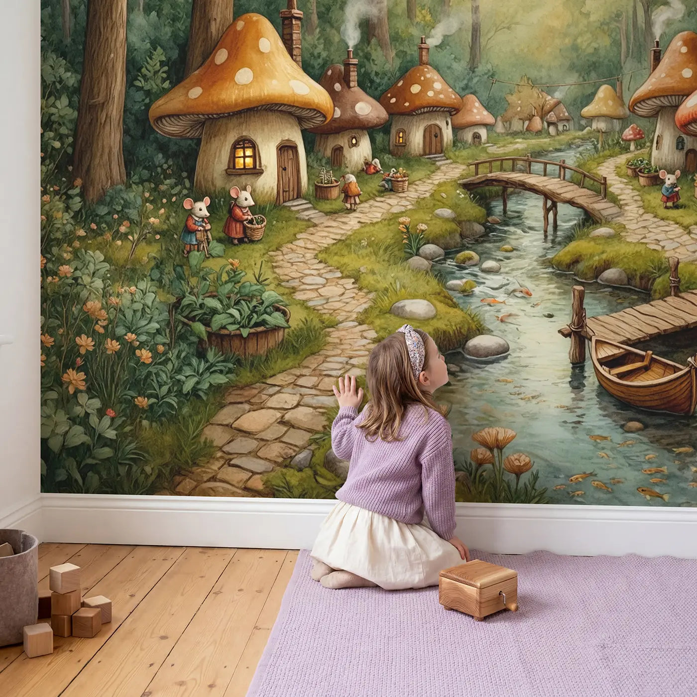 Child in nursery with Mushroom Village Stream Wallpaper Mural by Whimsy Tots