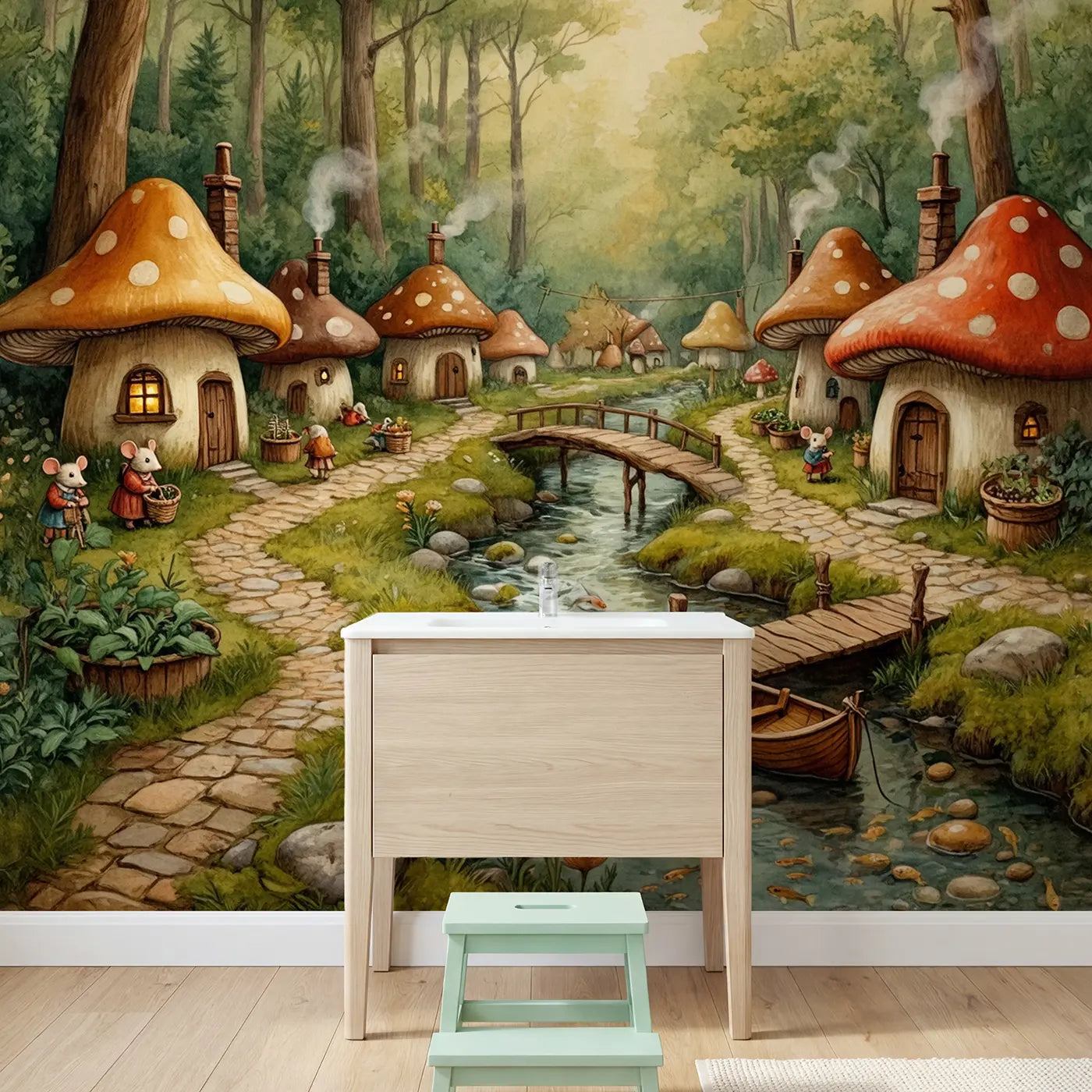 Mushroom Village Stream Wallpaper Mural in playroom setting by Whimsy Tots