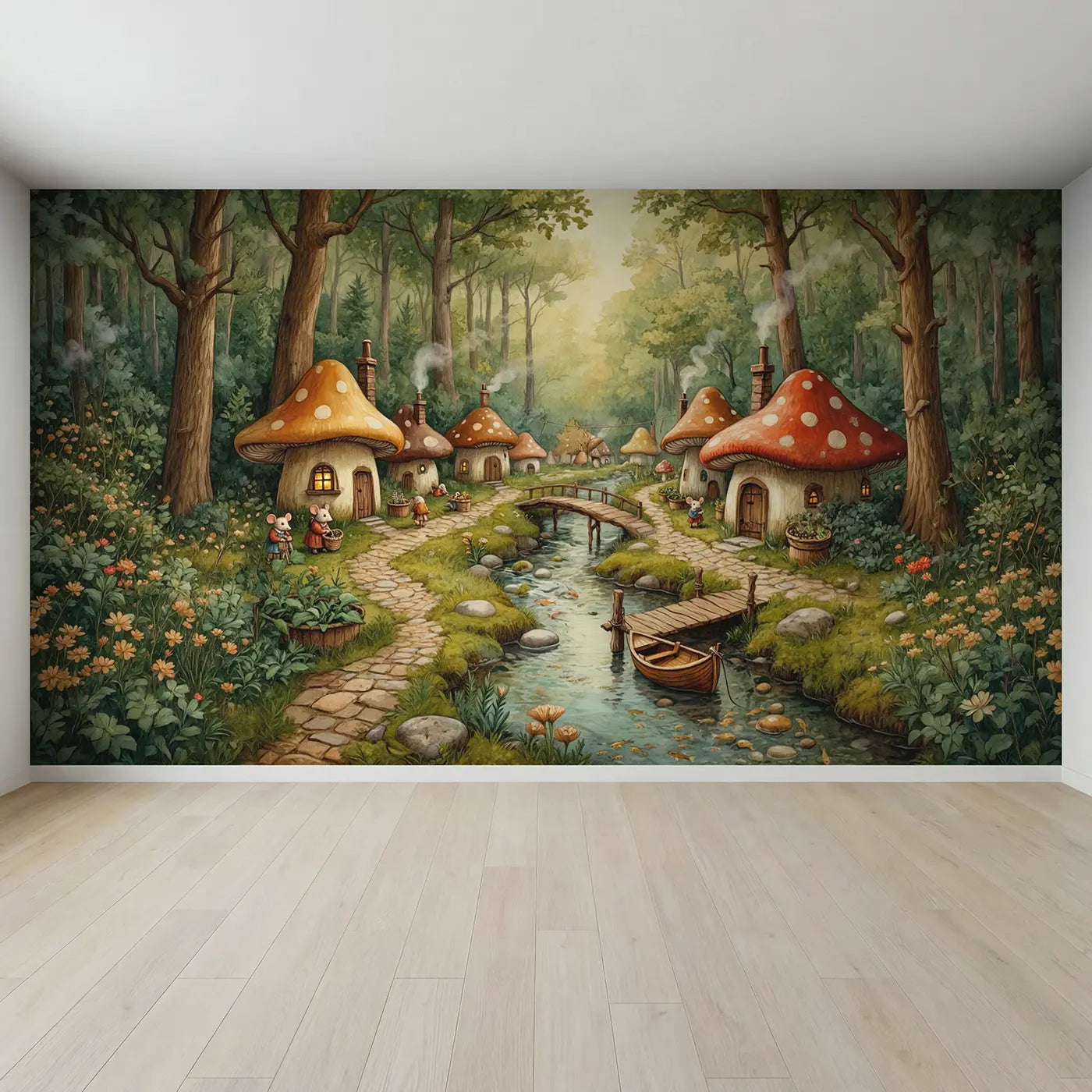 Full view of Mushroom Village Stream Wallpaper Mural by Whimsy Tots