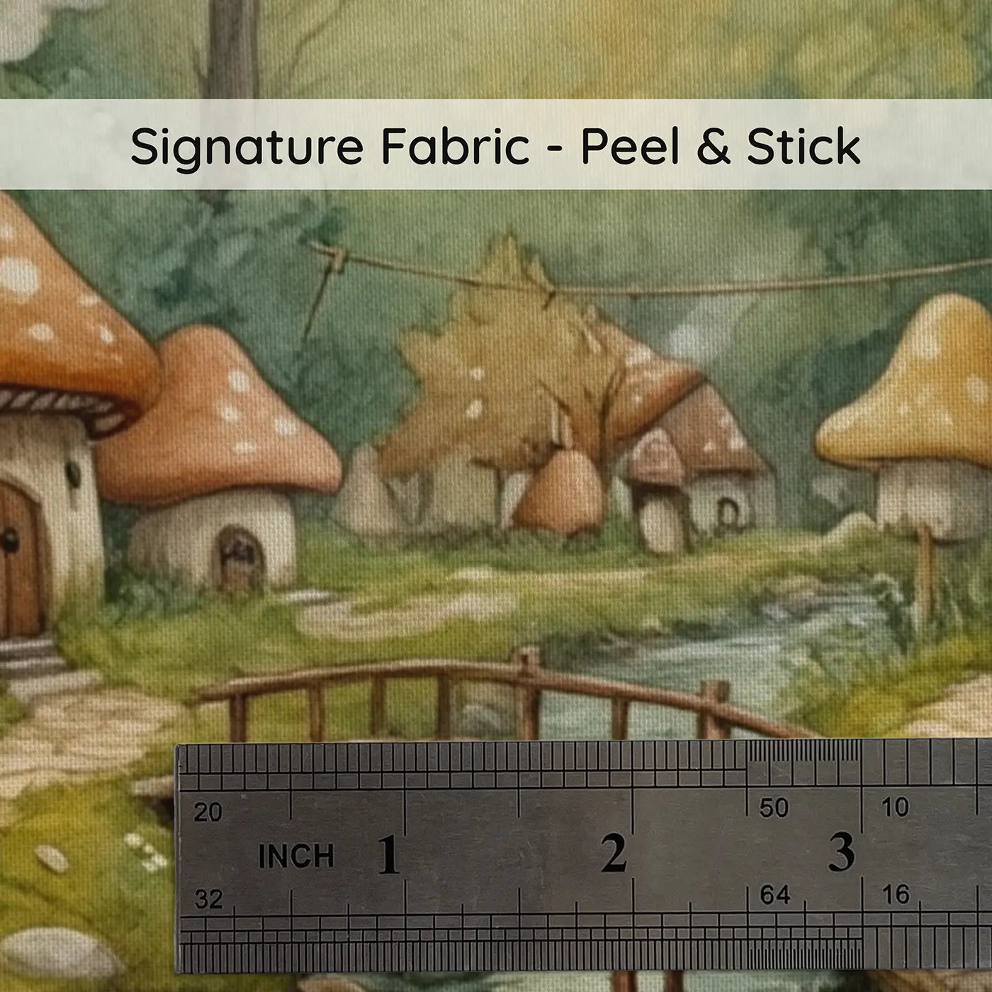 Fabric texture close-up of Mushroom Village Stream Wallpaper Mural by Whimsy Tots
