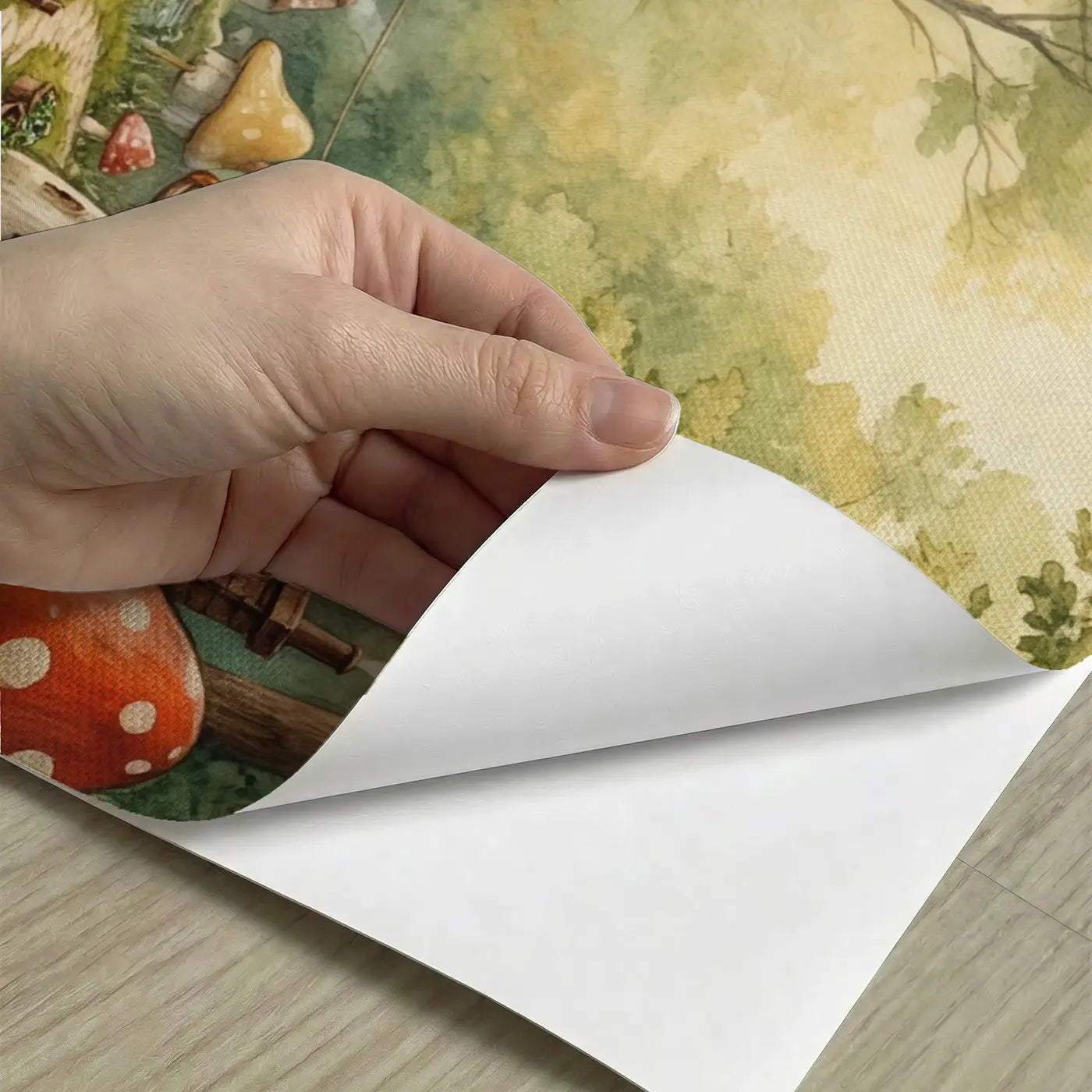 Peel-and-stick detail of Mushroom Village Stream Wallpaper Mural by Whimsy Tots