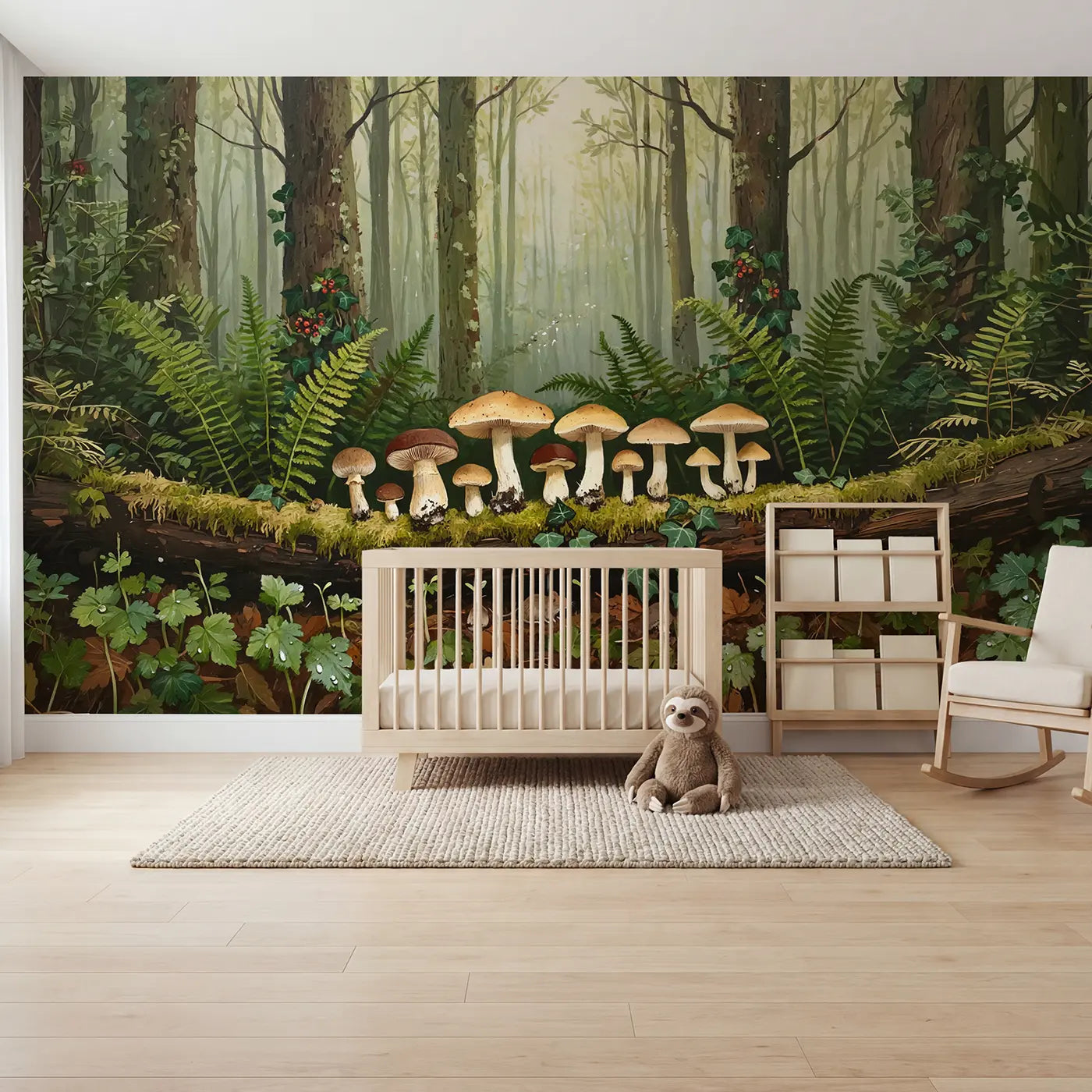 painted landscape mushroom cluster mossy log forest wallpaper mural for kids room by Whimsy Tots