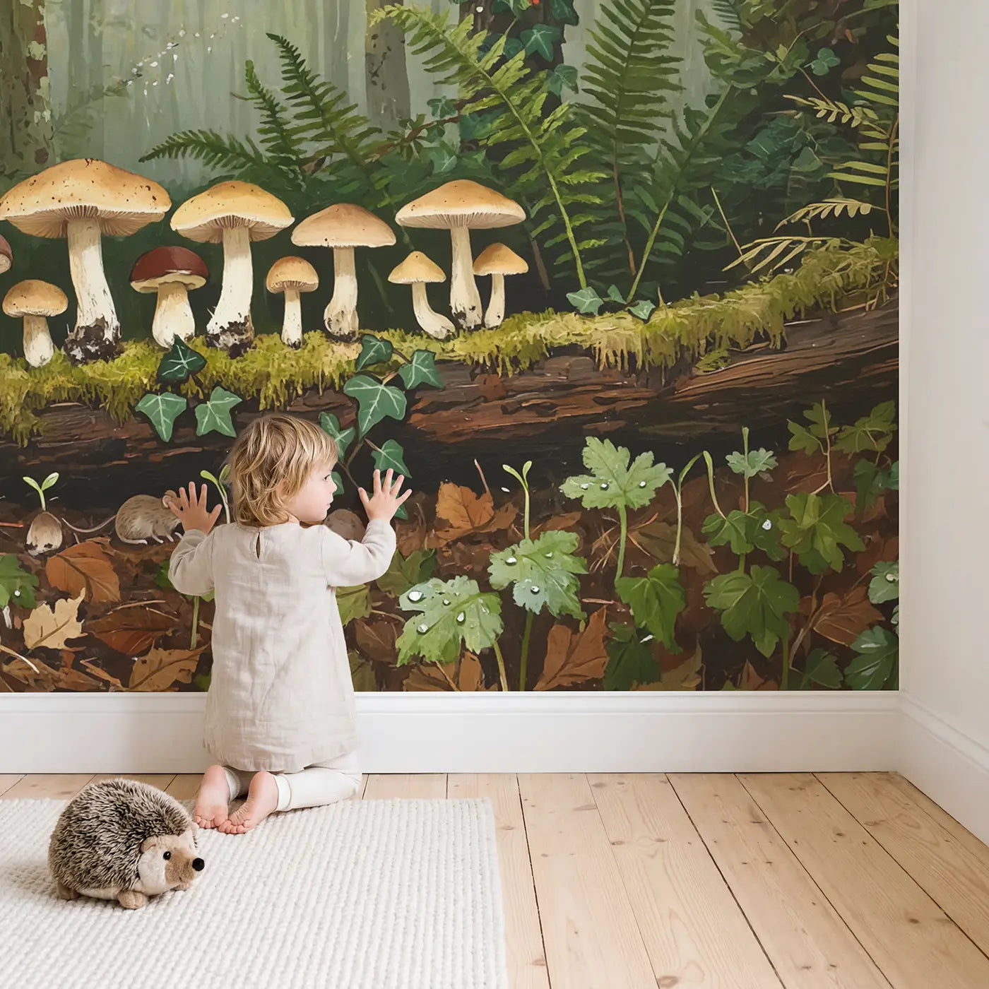 Child in nursery with Mossy Log Mushroom Cluster Wallpaper Mural by Whimsy Tots