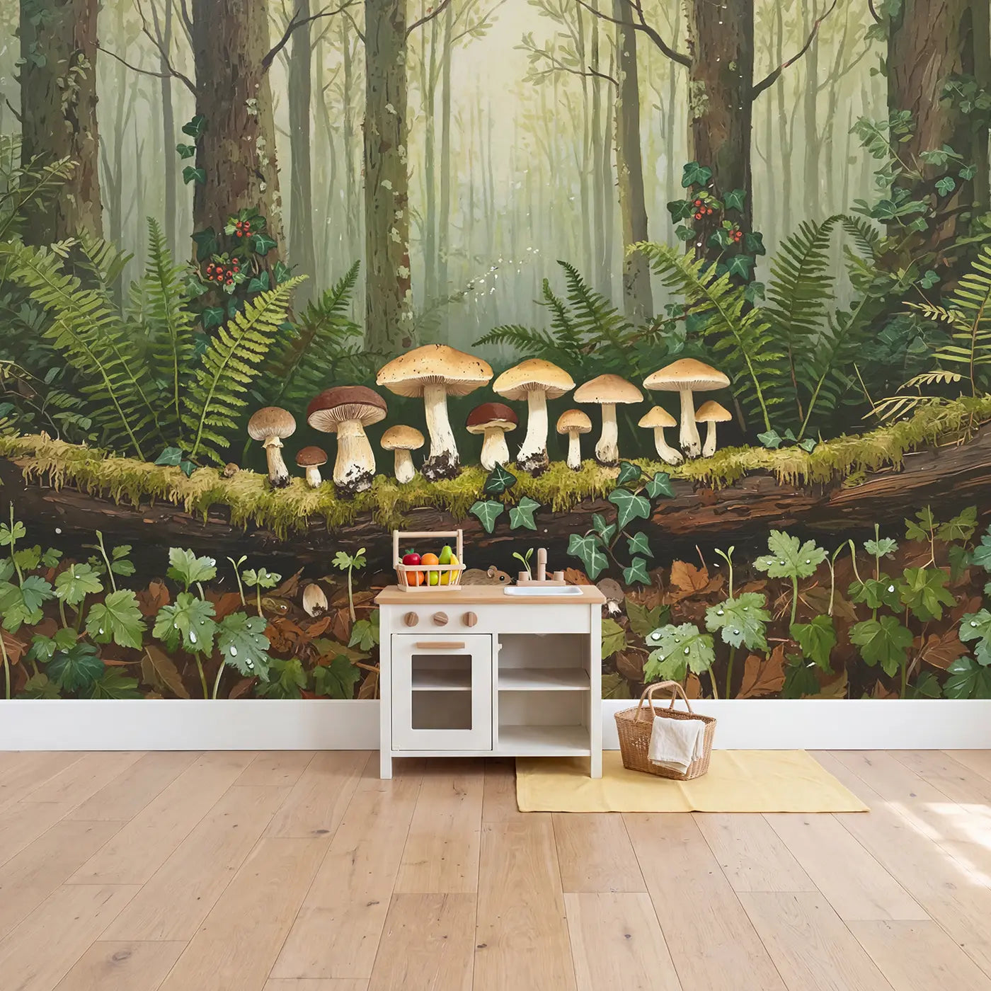 Mossy Log Mushroom Cluster Wallpaper Mural in playroom setting by Whimsy Tots