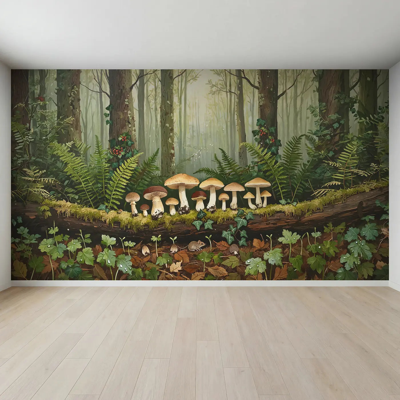 Full view of Mossy Log Mushroom Cluster Wallpaper Mural by Whimsy Tots