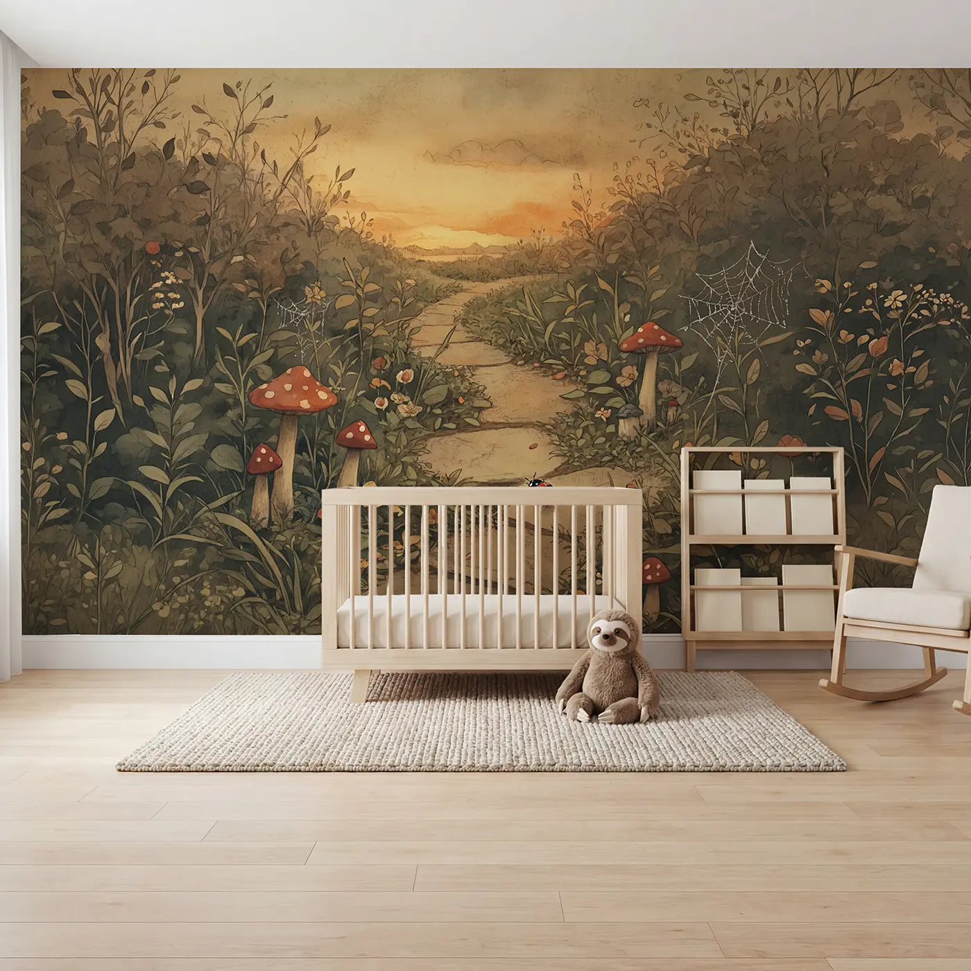 storybook ladybug firefly toadstool wallpaper mural for nursery by Whimsy Tots