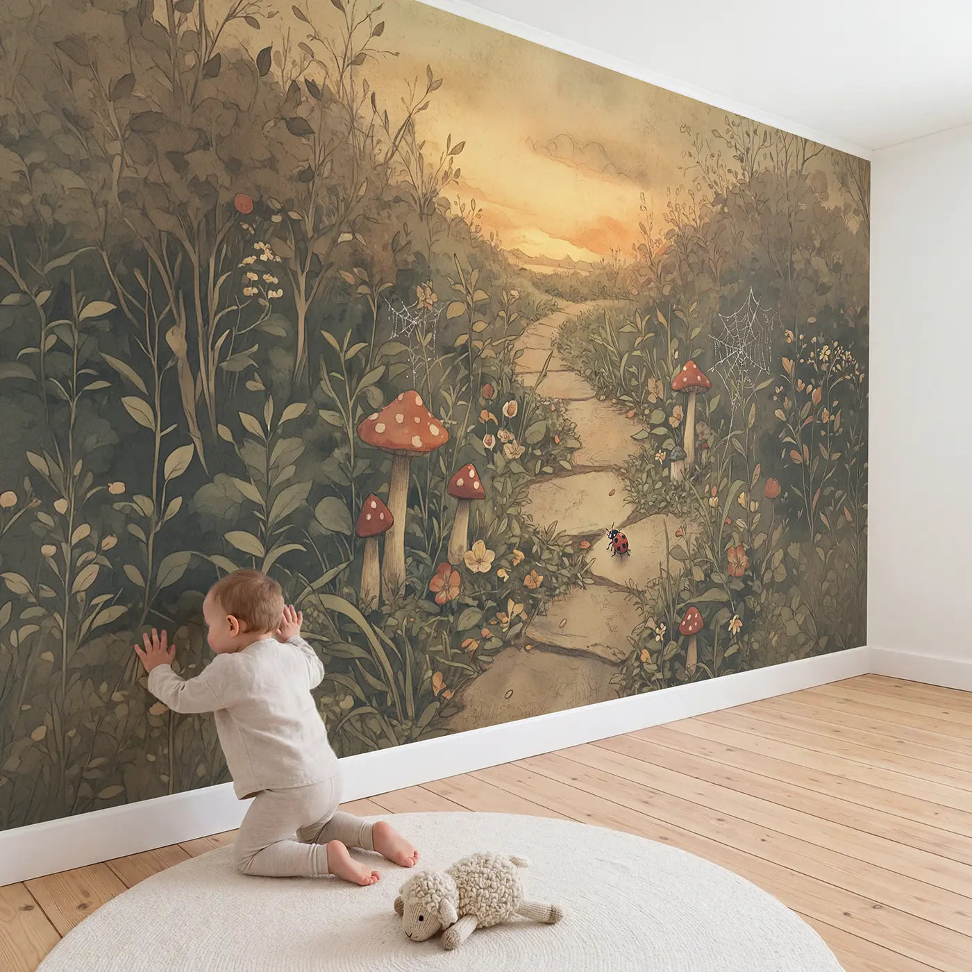 Child in nursery with Ladybug Firefly Meeting Toadstool Wallpaper Mural by Whimsy Tots