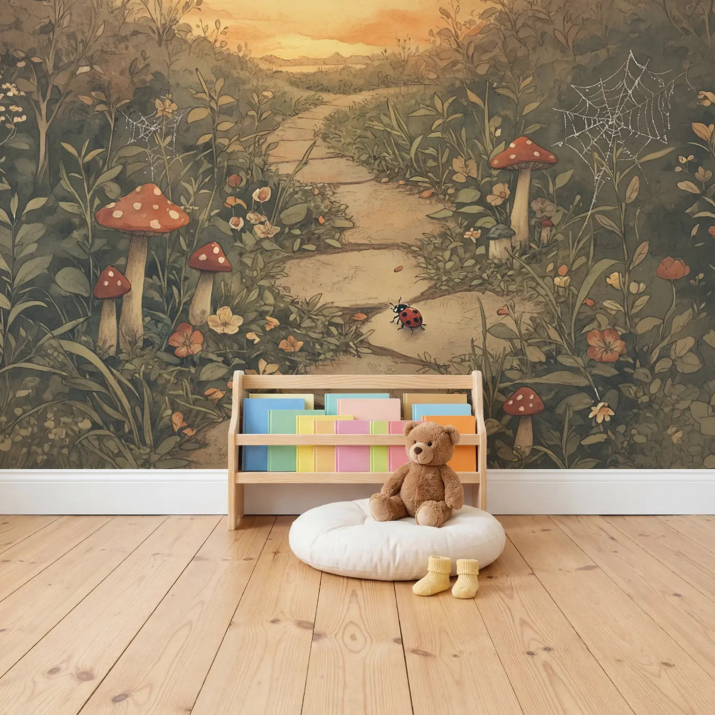 Ladybug Firefly Meeting Toadstool Wallpaper Mural in playroom setting by Whimsy Tots
