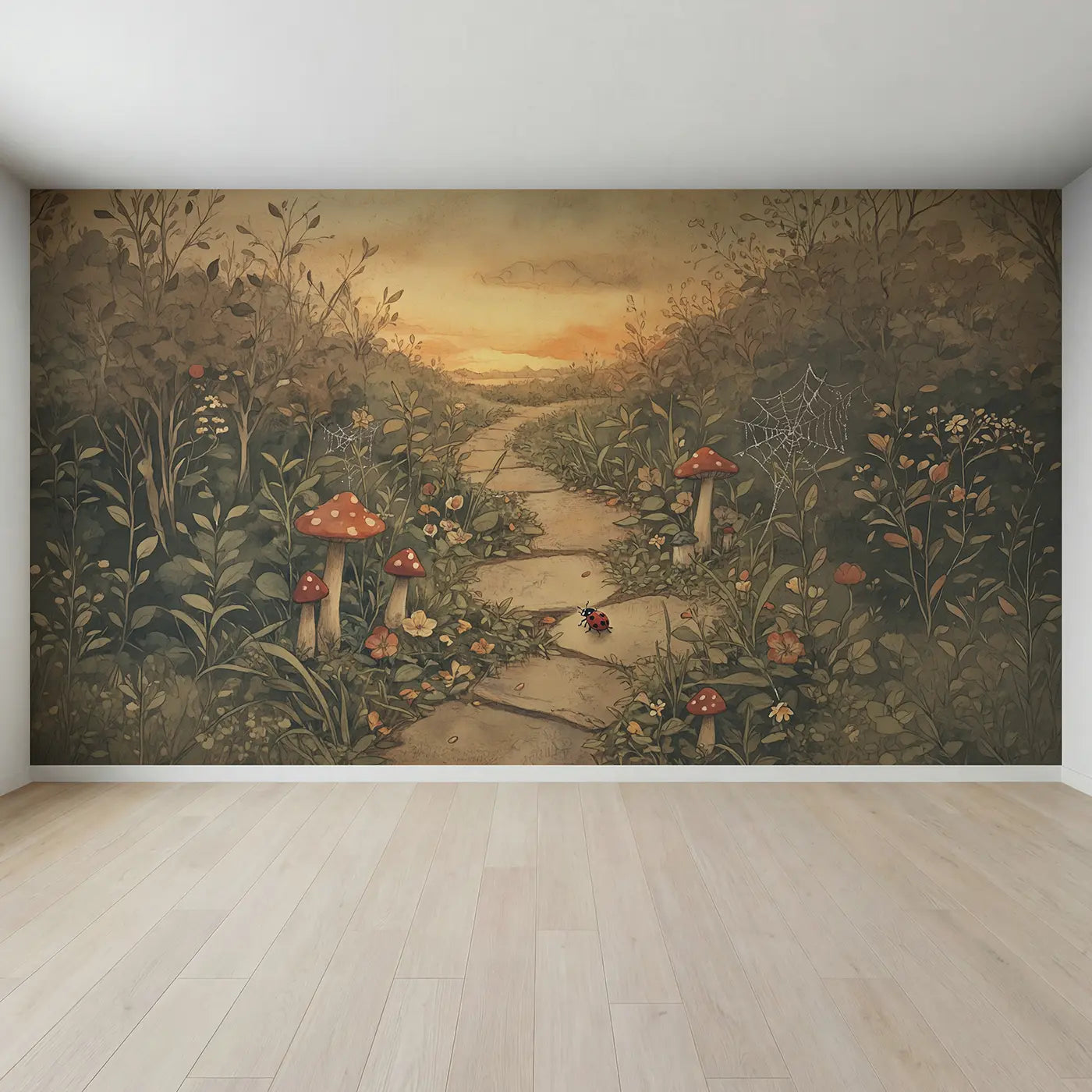 Full view of Ladybug Firefly Meeting Toadstool Wallpaper Mural by Whimsy Tots