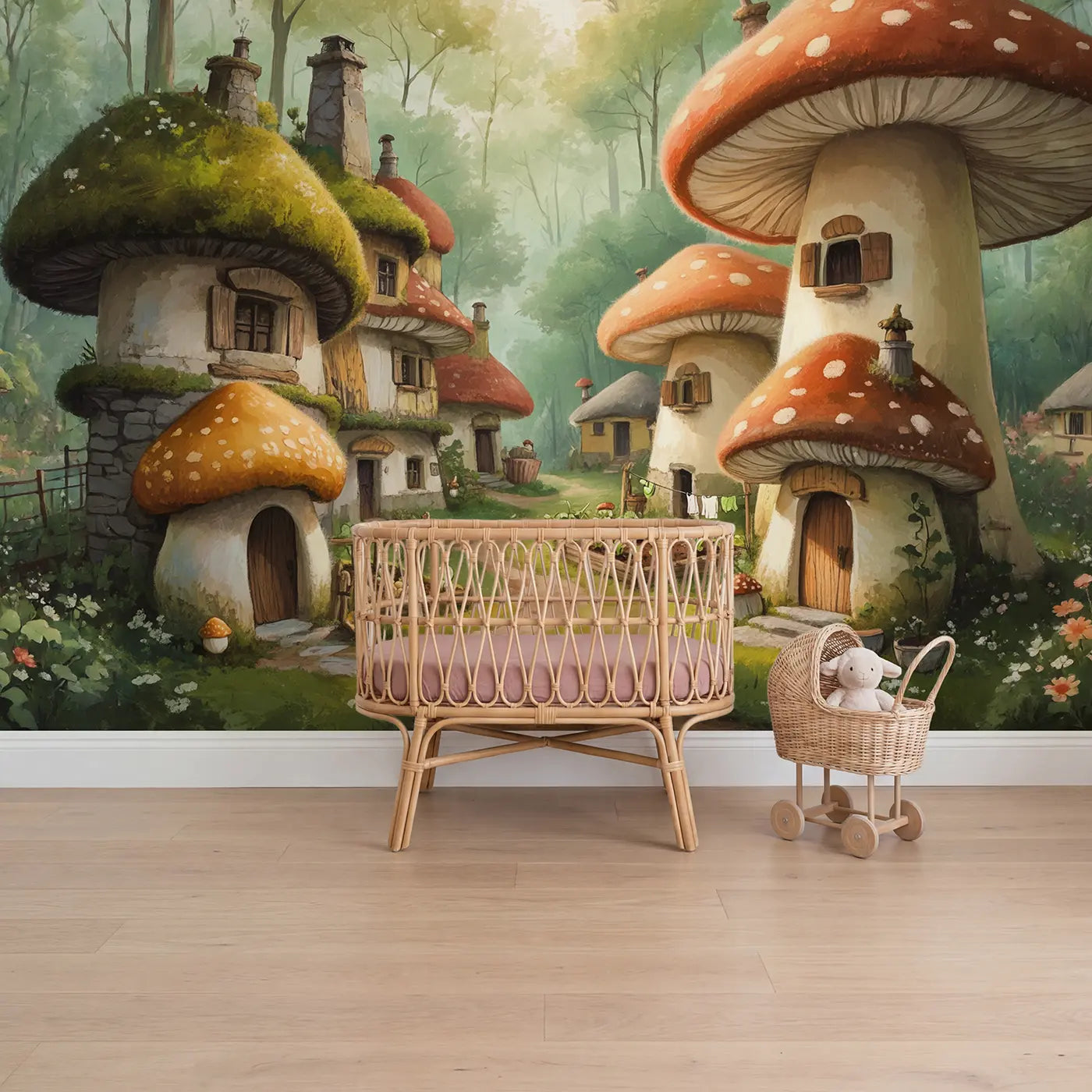 soft pastel acorn cottage mushroom village wallpaper mural for girls room by Whimsy Tots