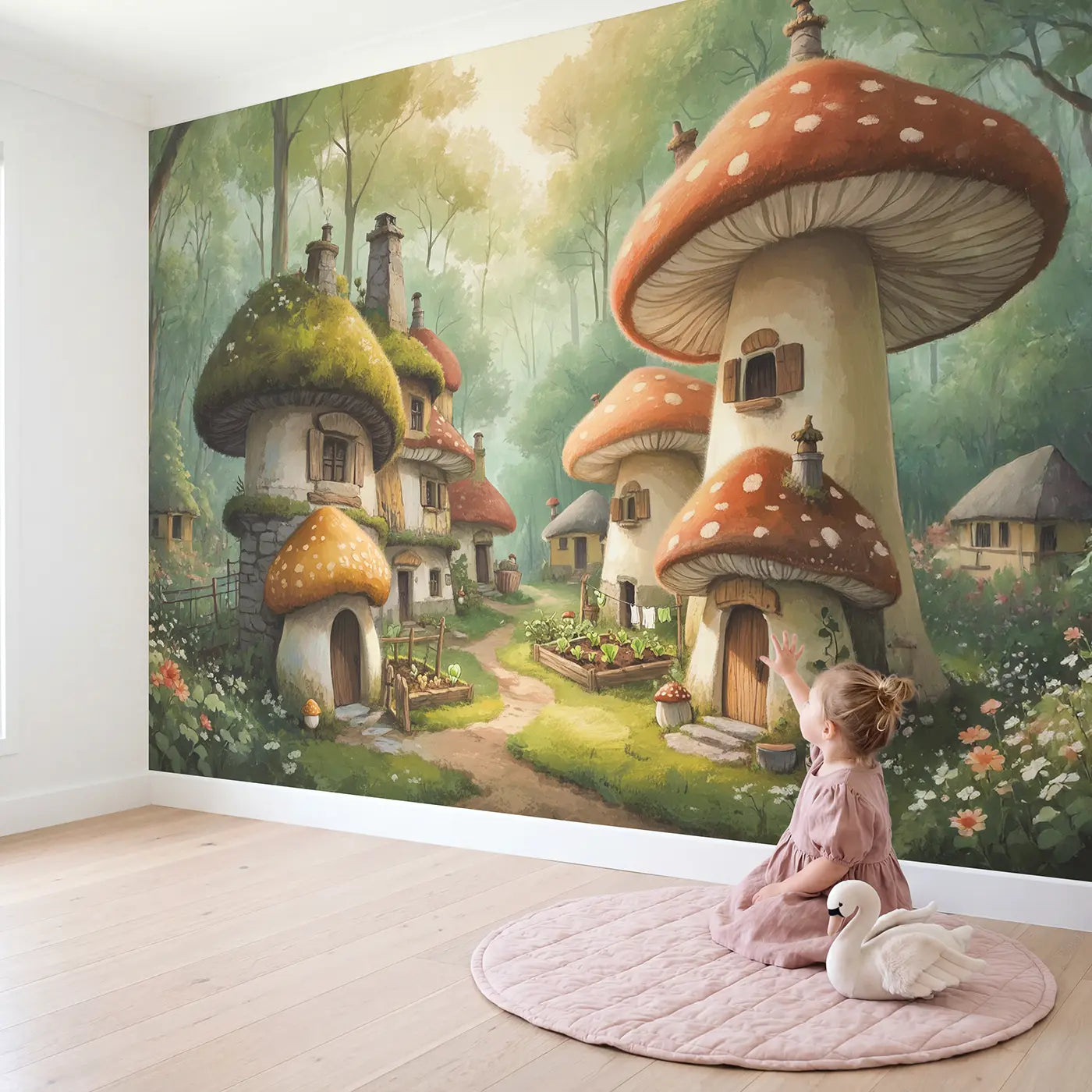 Child in nursery with Acorn Cottage Mushroom Village Wallpaper Mural by Whimsy Tots