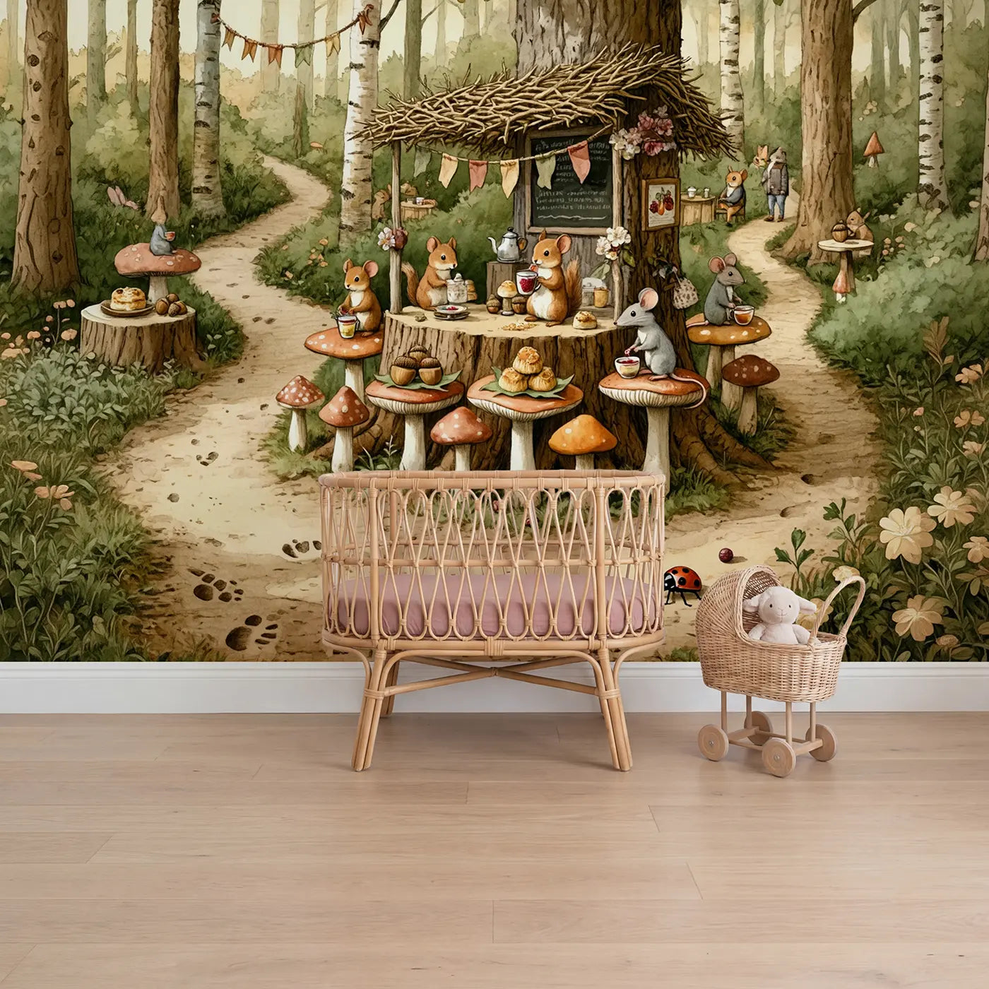 Storybook mushroom stump cafe with animals wallpaper mural for girls room by Whimsy Tots