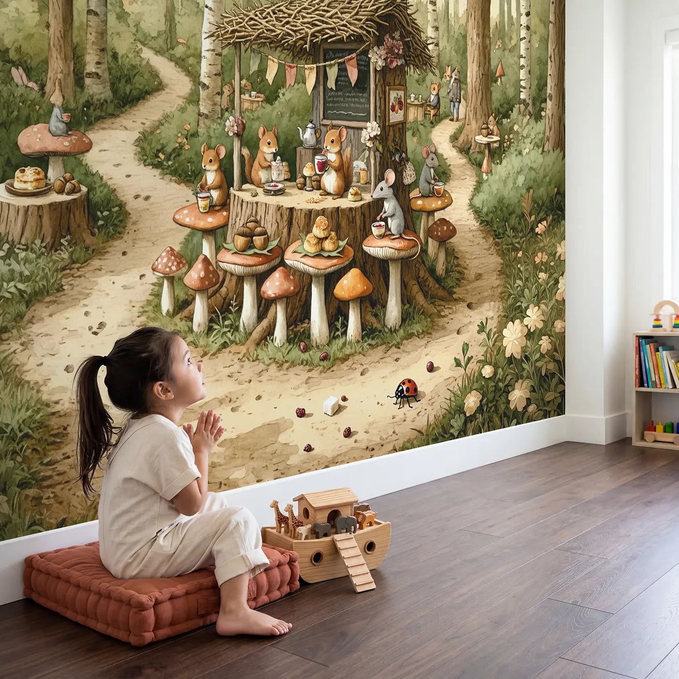 Child in nursery with Mushroom Stump Cafe Wallpaper Mural by Whimsy Tots