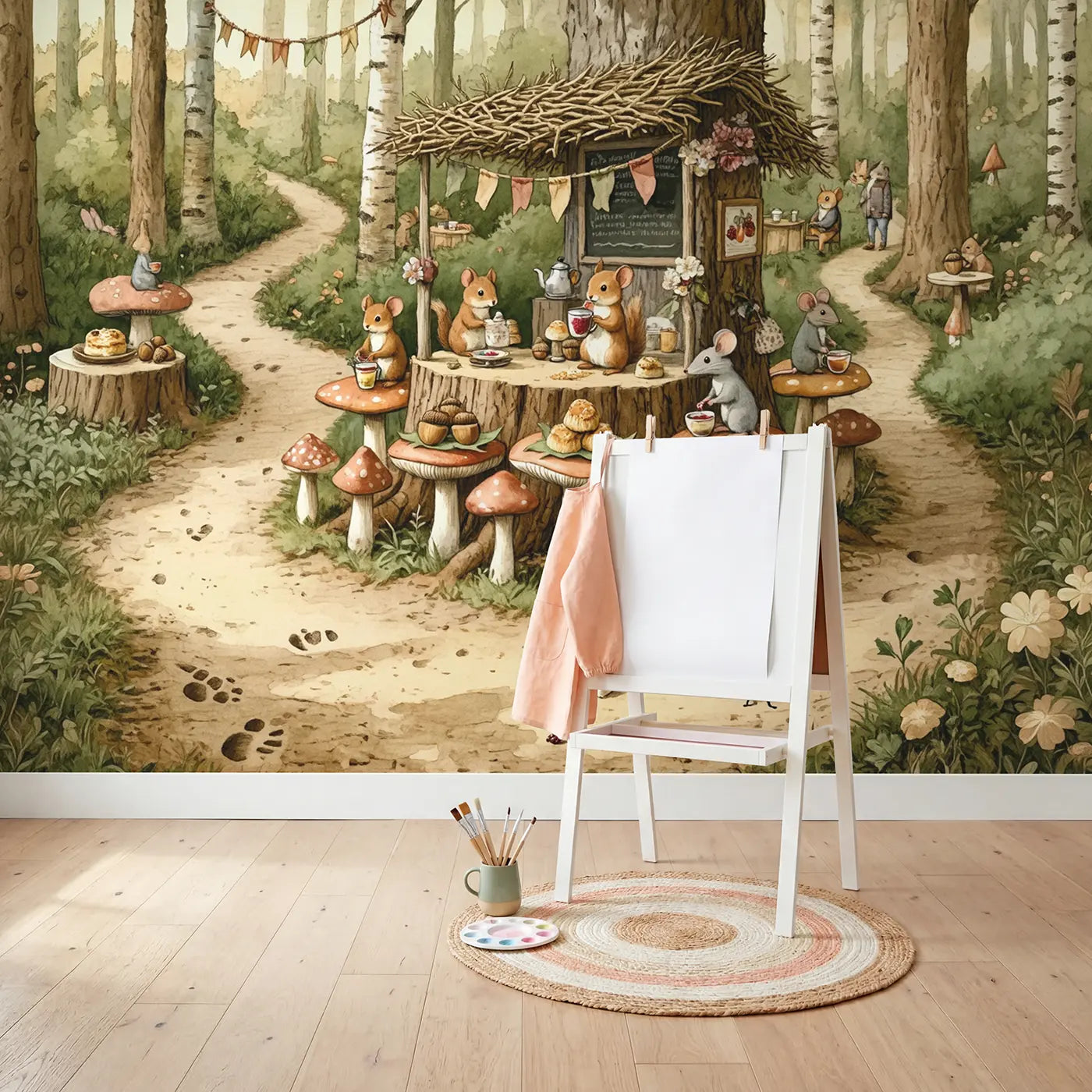 Mushroom Stump Cafe Wallpaper Mural in playroom setting by Whimsy Tots