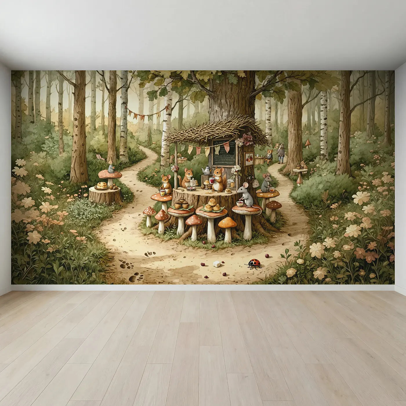 Full view of Mushroom Stump Cafe Wallpaper Mural by Whimsy Tots