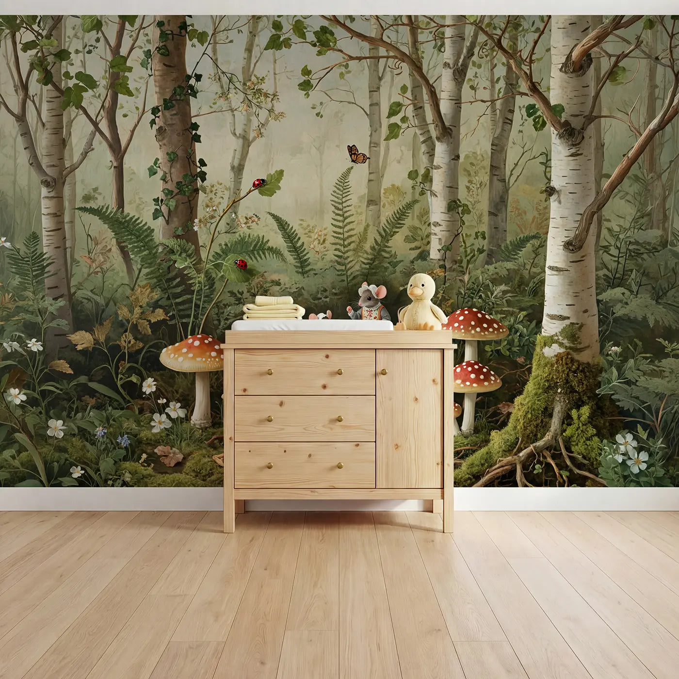 Botanical elegance mouse tea party fairy ring wallpaper mural for nursery by Whimsy Tots