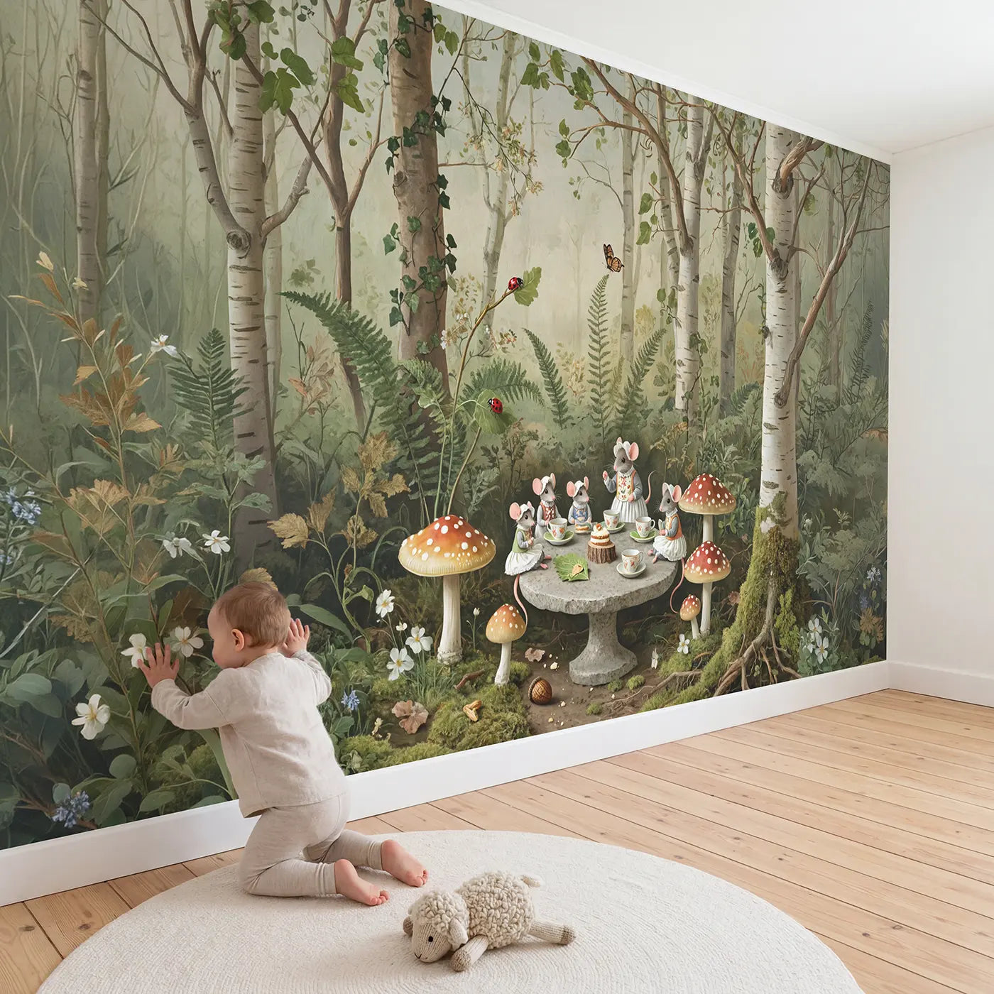 Child in nursery with Mouse Tea Party Fairy Ring Wallpaper Mural by Whimsy Tots
