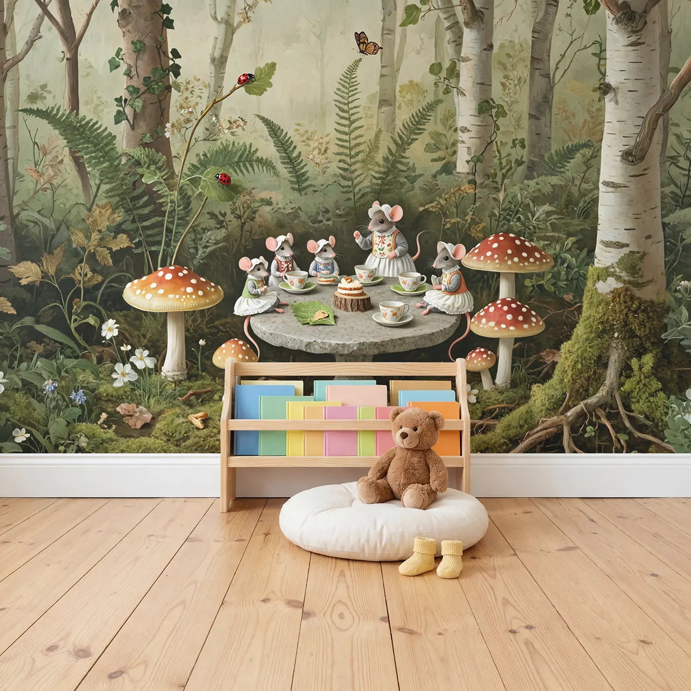 Mouse Tea Party Fairy Ring Wallpaper Mural in playroom setting by Whimsy Tots
