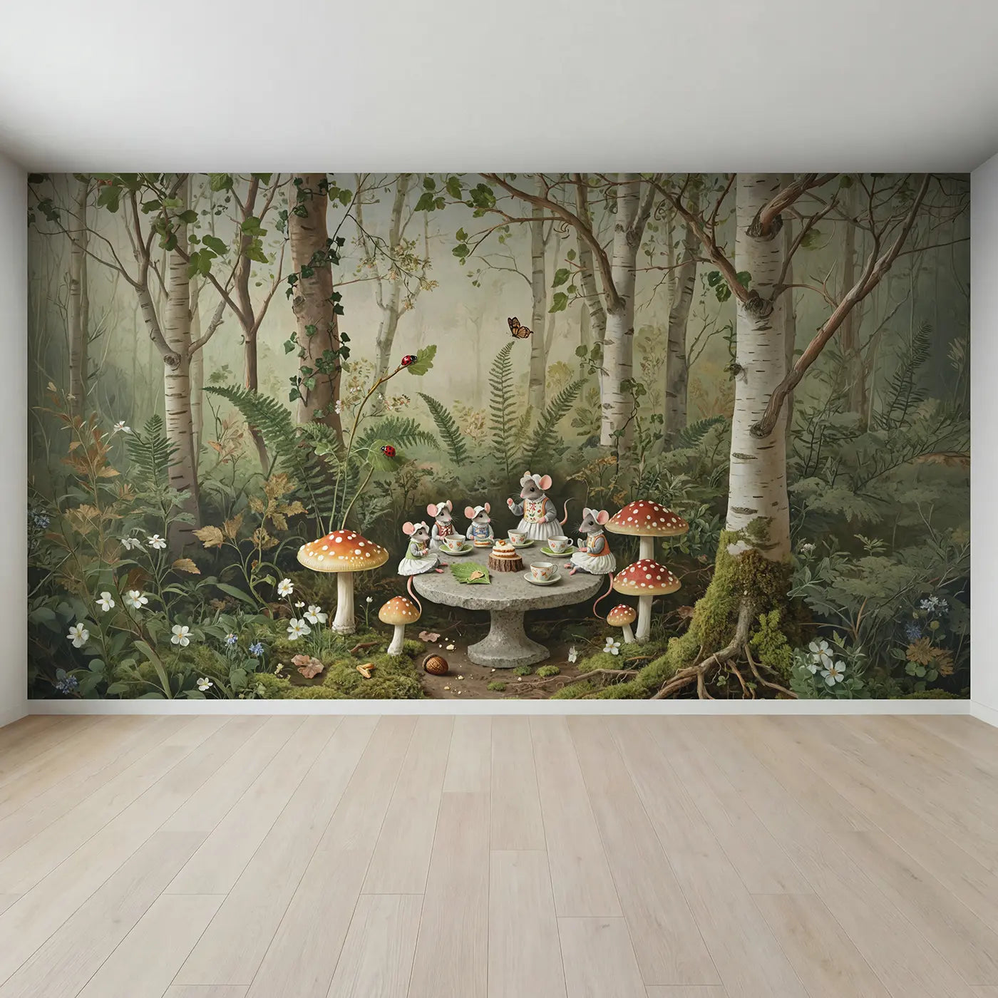 Full view of Mouse Tea Party Fairy Ring Wallpaper Mural by Whimsy Tots