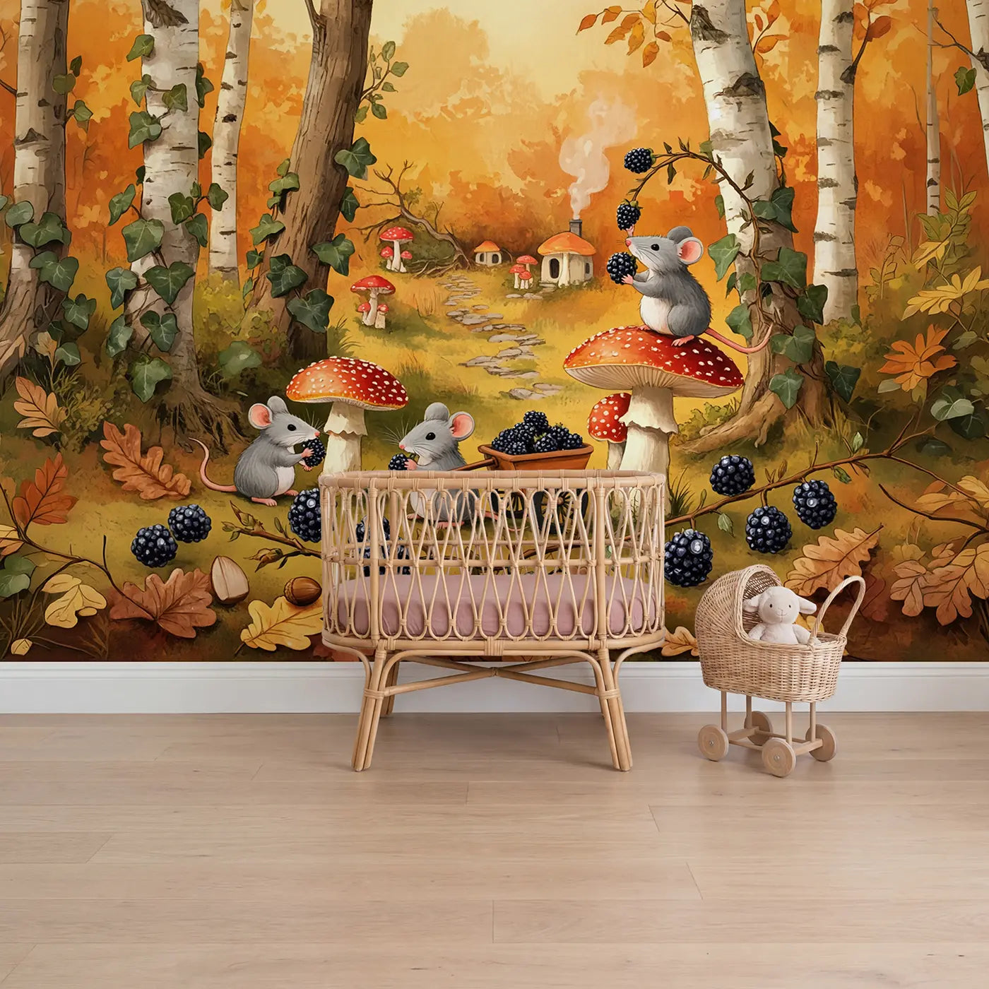 Soft pastel mice harvesting autumn berries wallpaper mural for nursery by Whimsy Tots