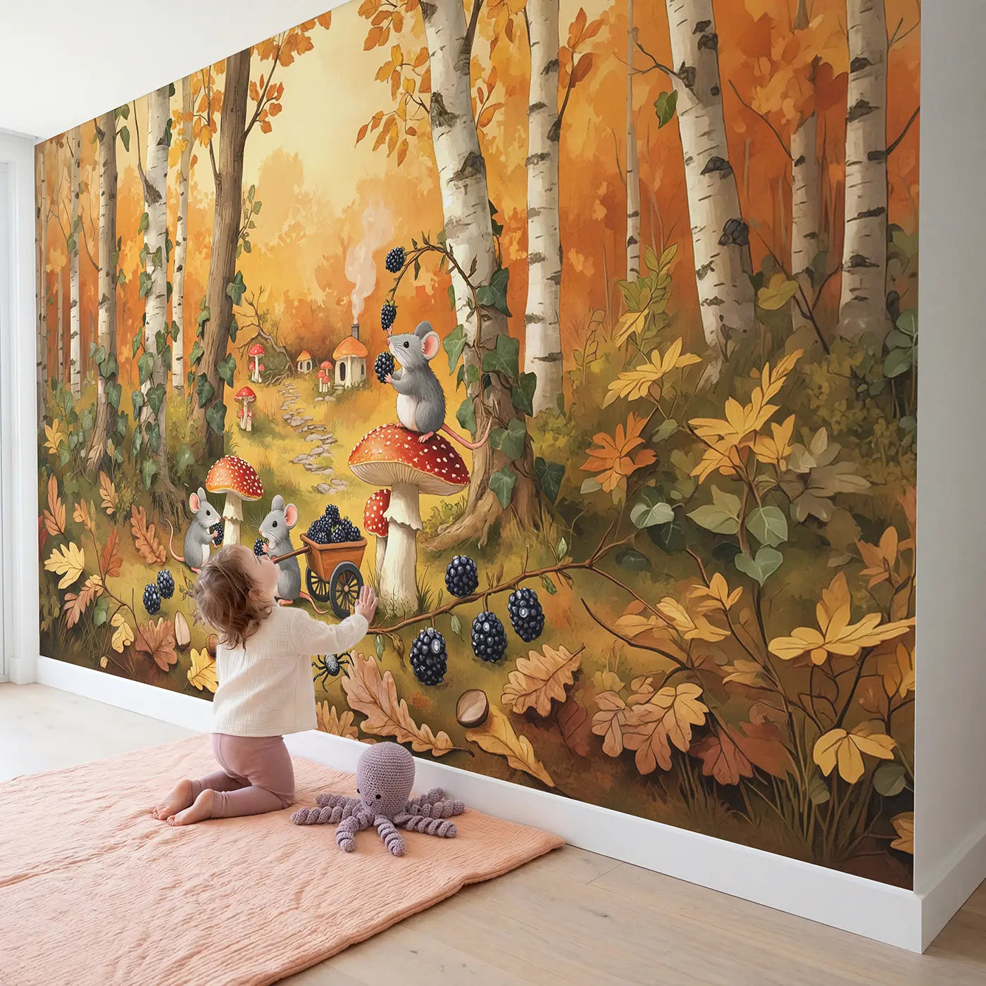 Child in nursery with Autumn Berry Harvest Mice Wallpaper Mural by Whimsy Tots
