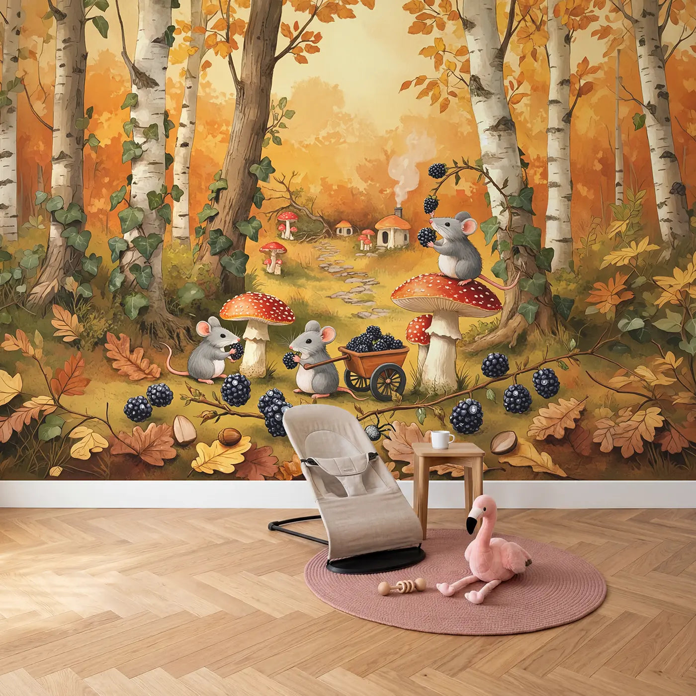 Autumn Berry Harvest Mice Wallpaper Mural in playroom setting by Whimsy Tots