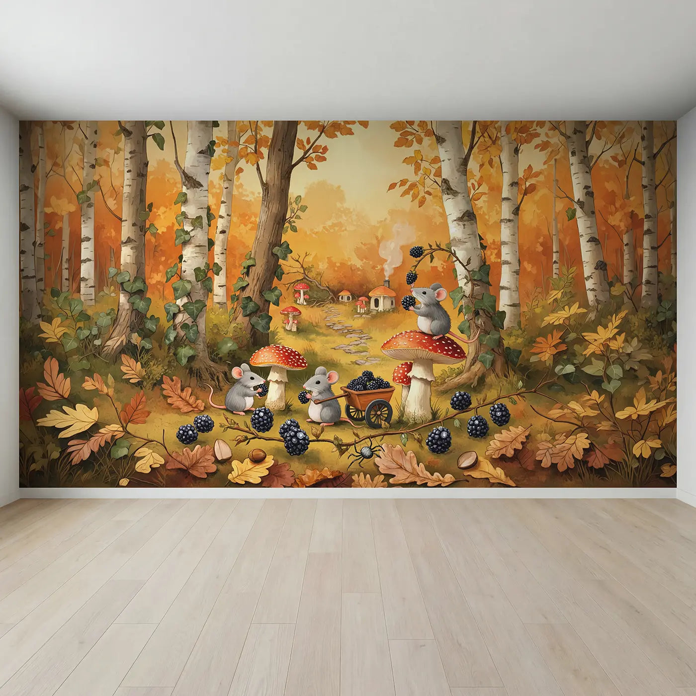 Full view of Autumn Berry Harvest Mice Wallpaper Mural by Whimsy Tots